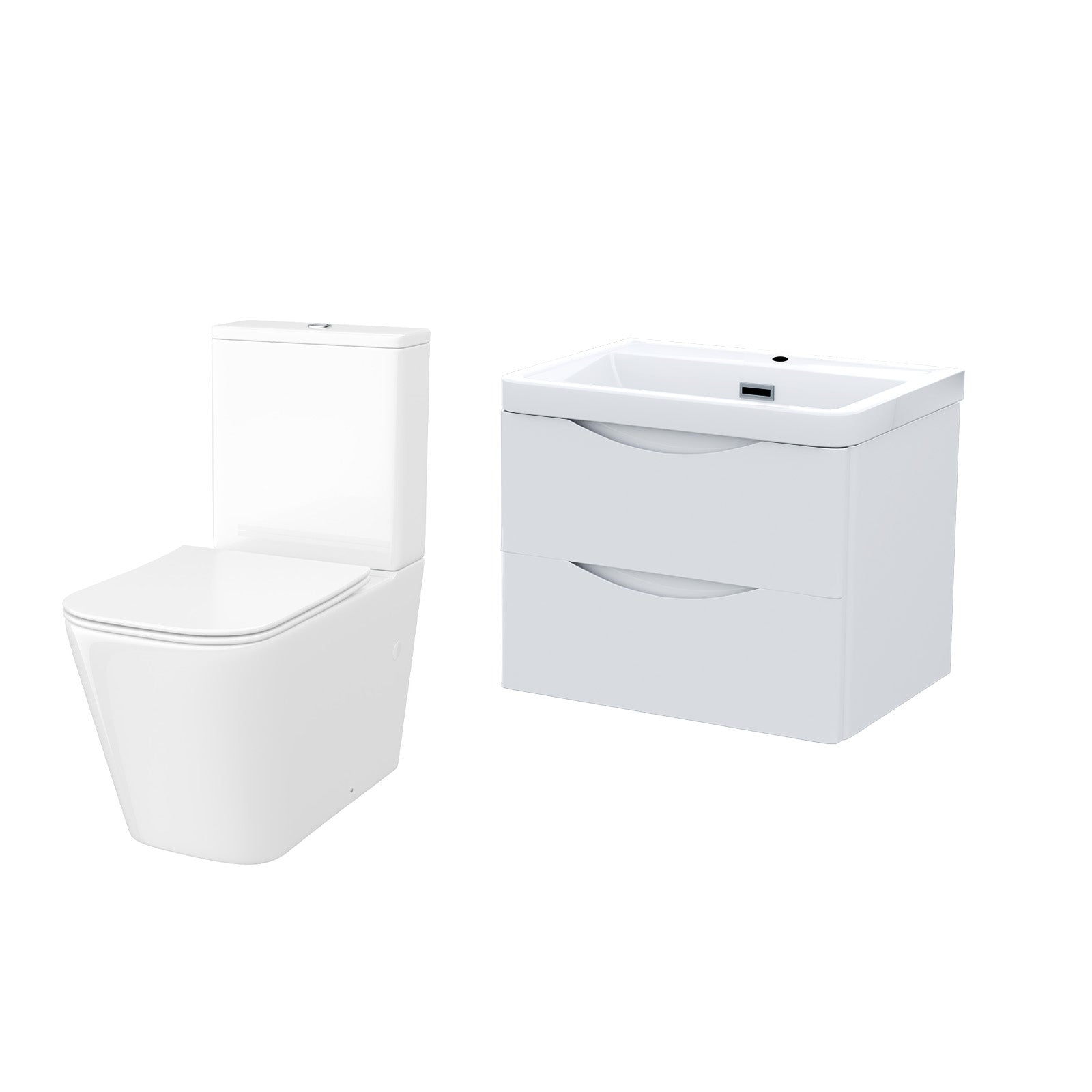 Merton 600mm Wall Hung Flat Pack Vanity Basin Unit & Square Rimless Close Coupled Toilet White Gloss