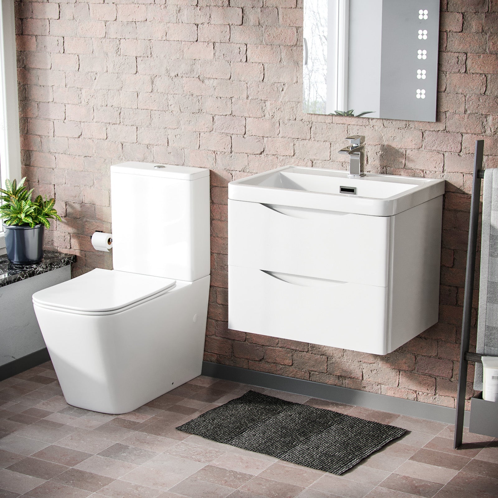 Merton 600mm Wall Hung Flat Pack Vanity Basin Unit & Square Rimless Close Coupled Toilet White Gloss