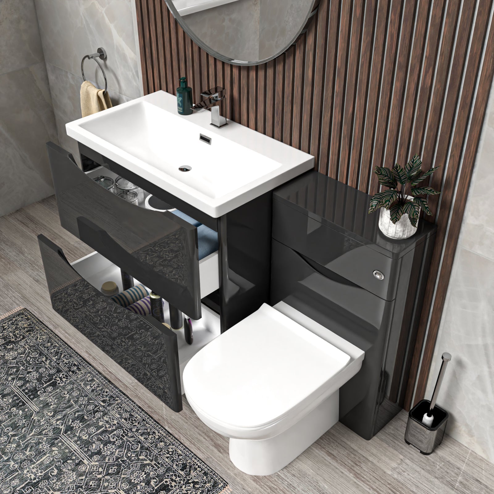Merton Dark Grey 1300mm Drawers Basin Vanity, WC Unit and BTW Toilet