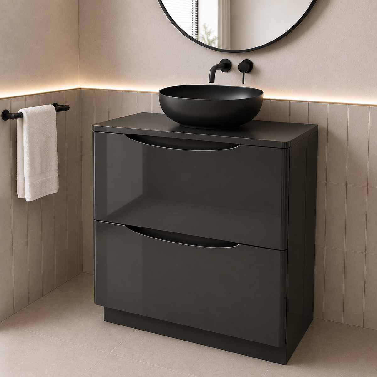 Merton 800mm Dark Grey Freestanding Countertop Vanity with 410mm Matte Black Oval Basin