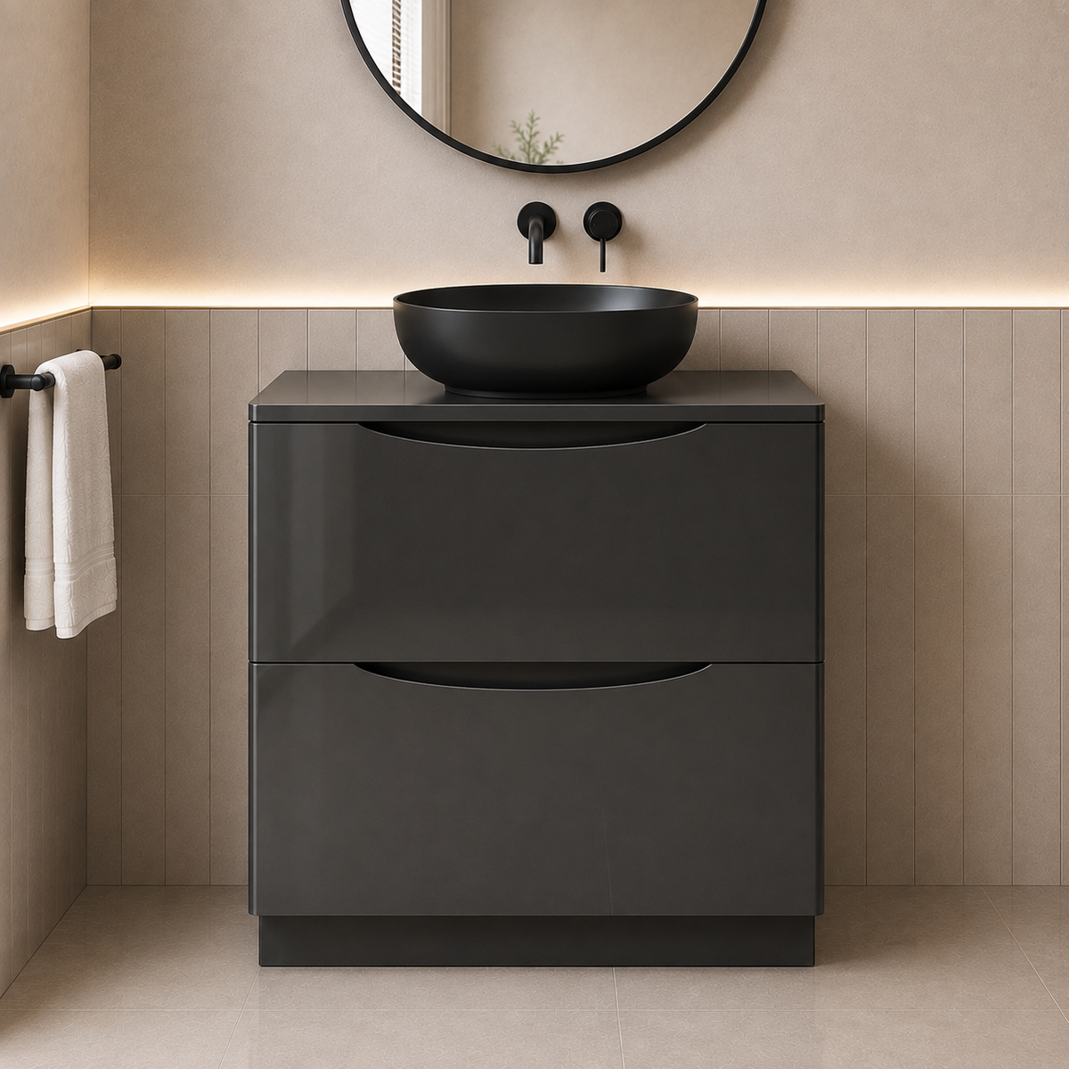 Merton 800mm Dark Grey Freestanding Countertop Vanity with 410mm Matte Black Oval Basin