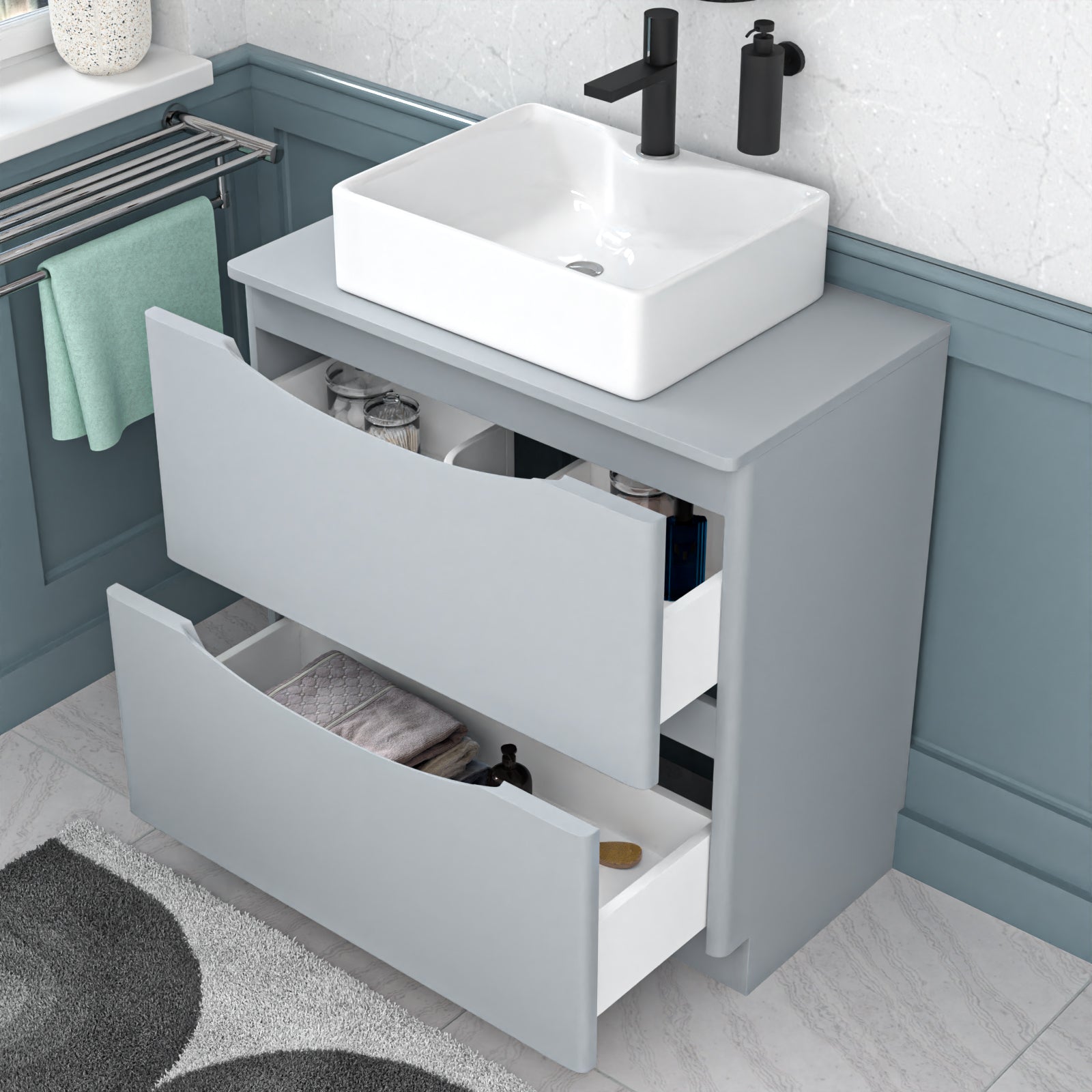 Merton 800mm Matte Grey Bathroom Vanity Unit, Worktop With Square Bowl Basin