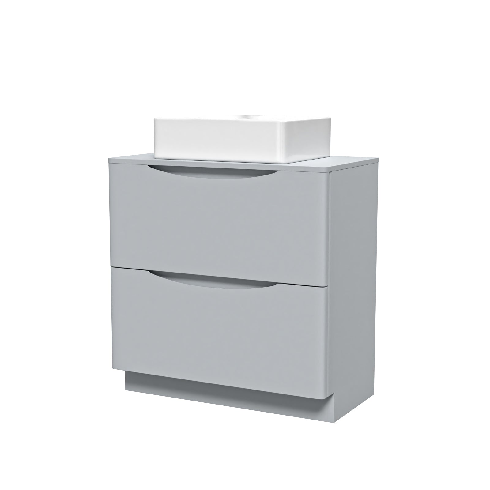 Grey vanity cabinet unit with hite sink placed on top of the cabinet