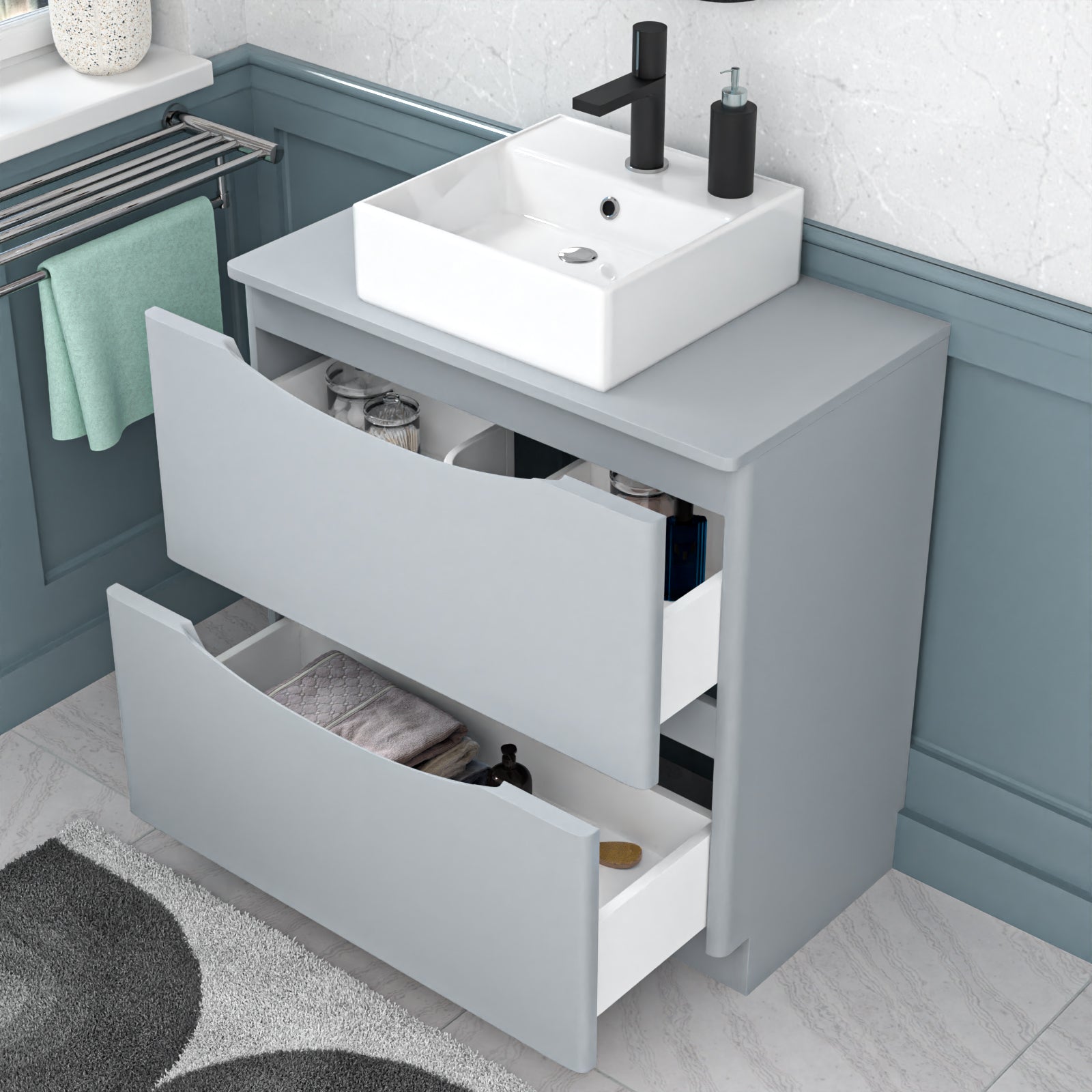 Merton 800mm Matte Grey Bathroom 2 Drawers Vanity & Worktop With Square Basin