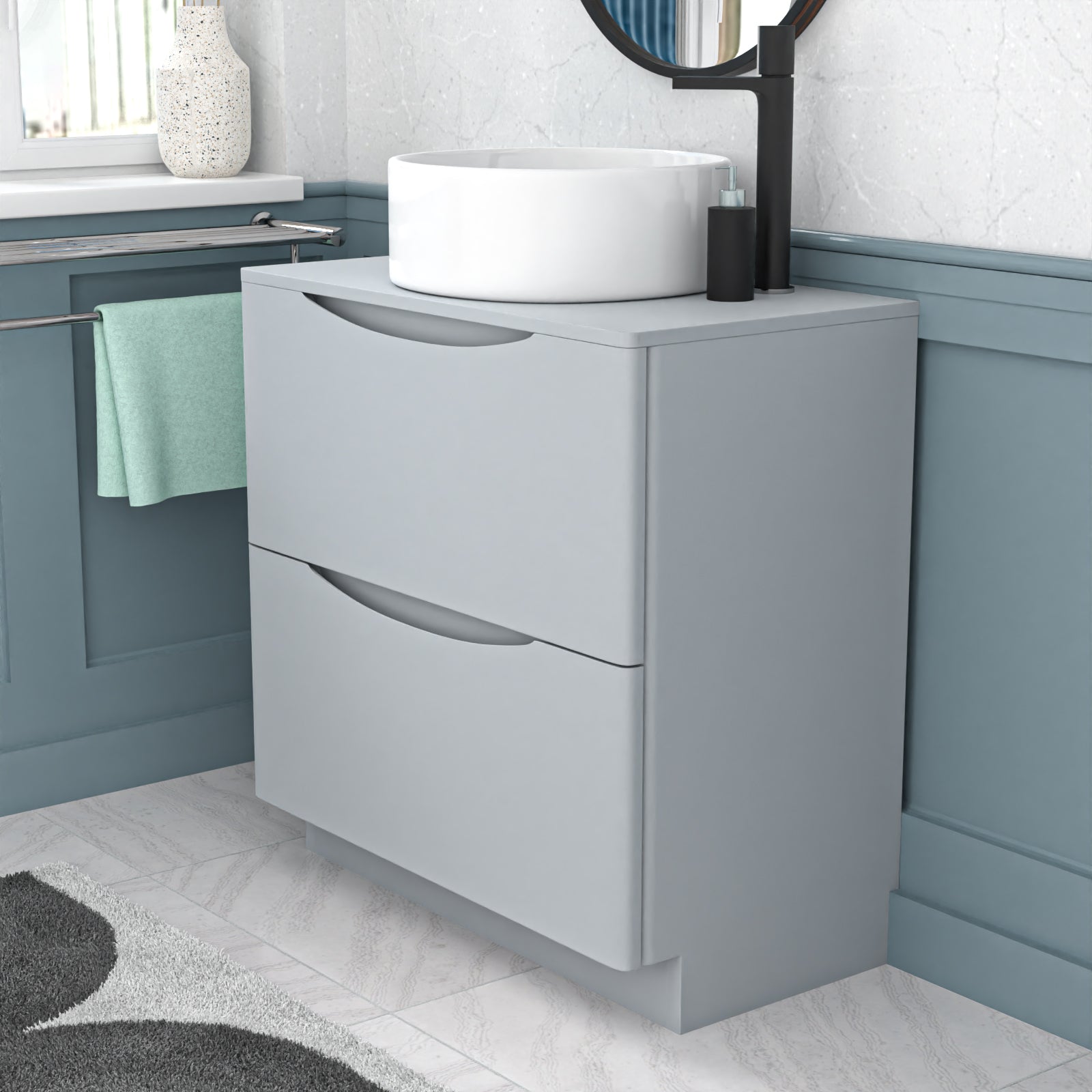Merton 800mm Matte Grey Freestanding Drawers Vanity & Worktop With Round Basin