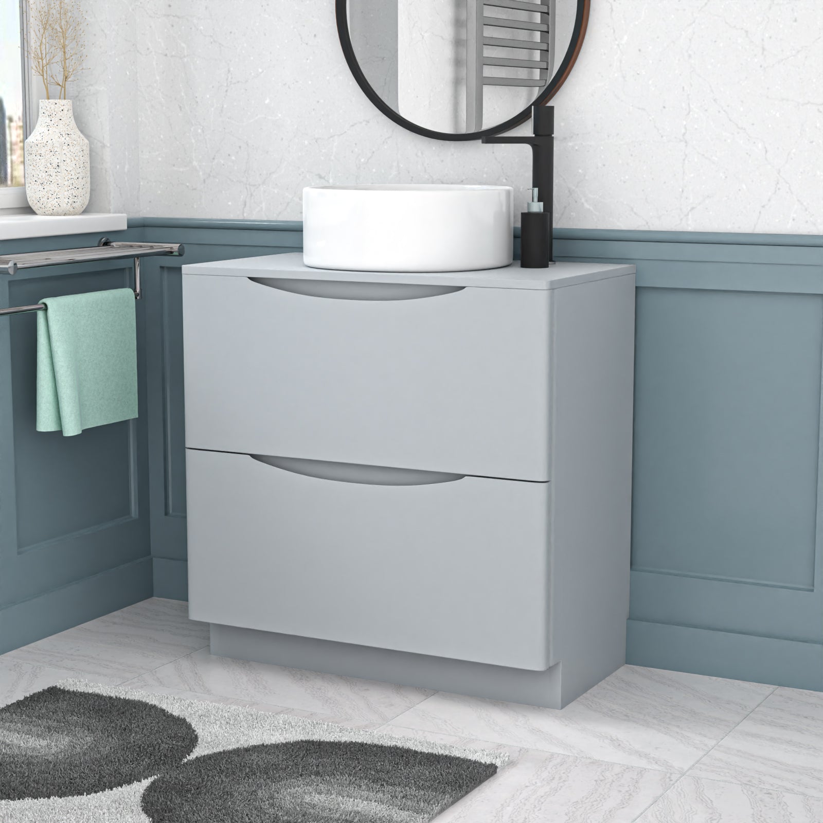 Merton 800mm Matte Grey Freestanding Drawers Vanity & Worktop With Round Basin