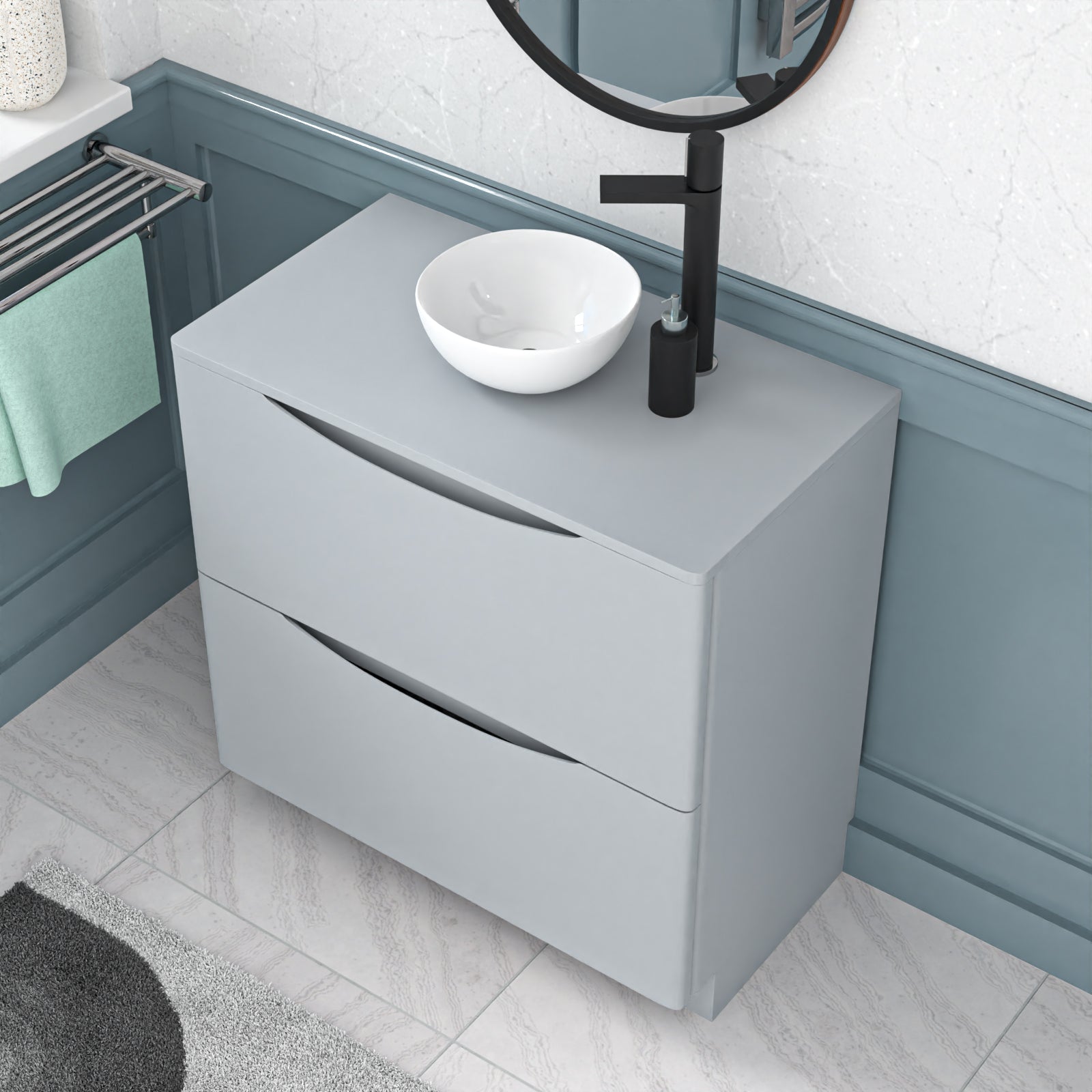 Gray vanity with white sink and black faucet in a bathroom setting