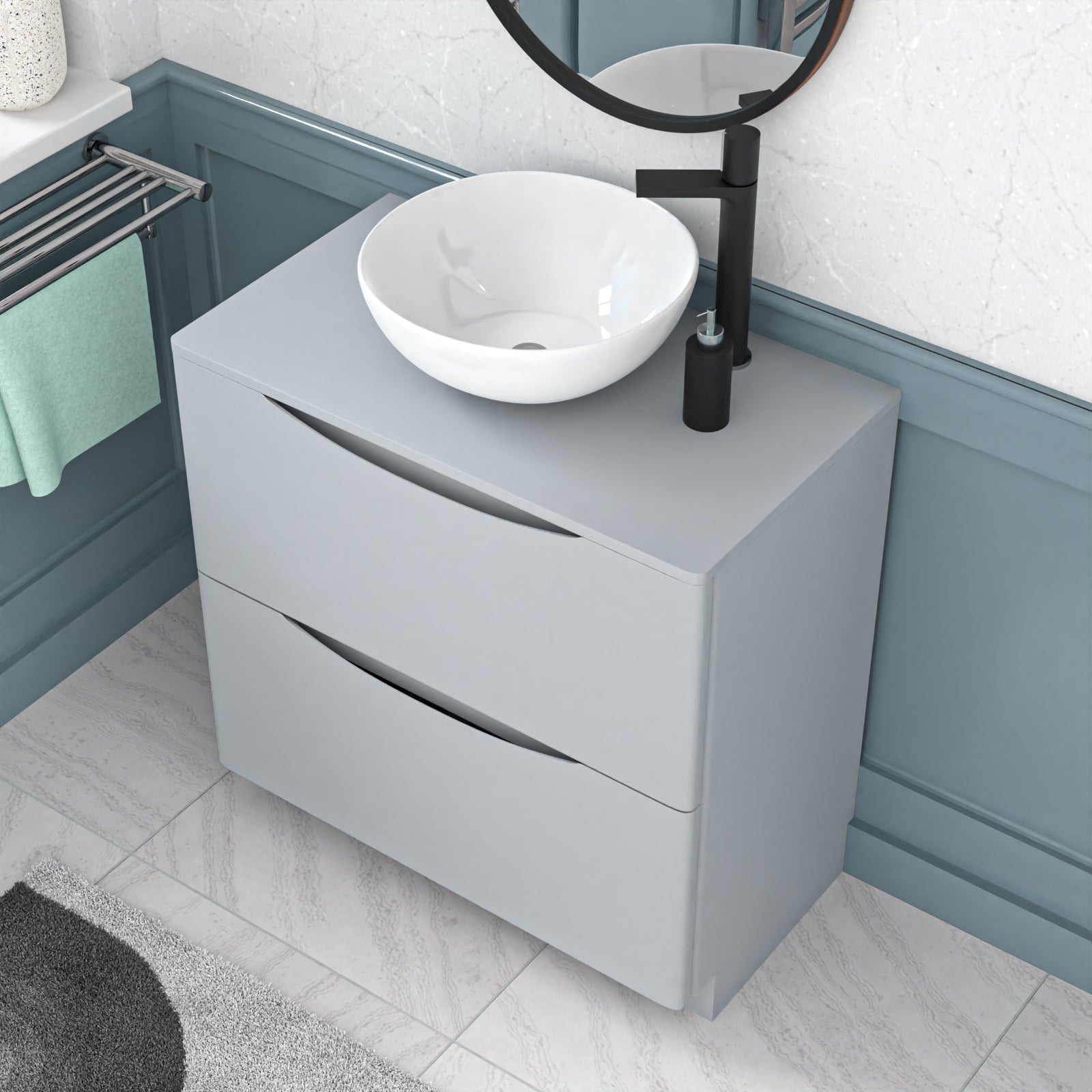 Merton Matte Grey 800mm Freestanding Vanity Round Ceramic Countertop Basin