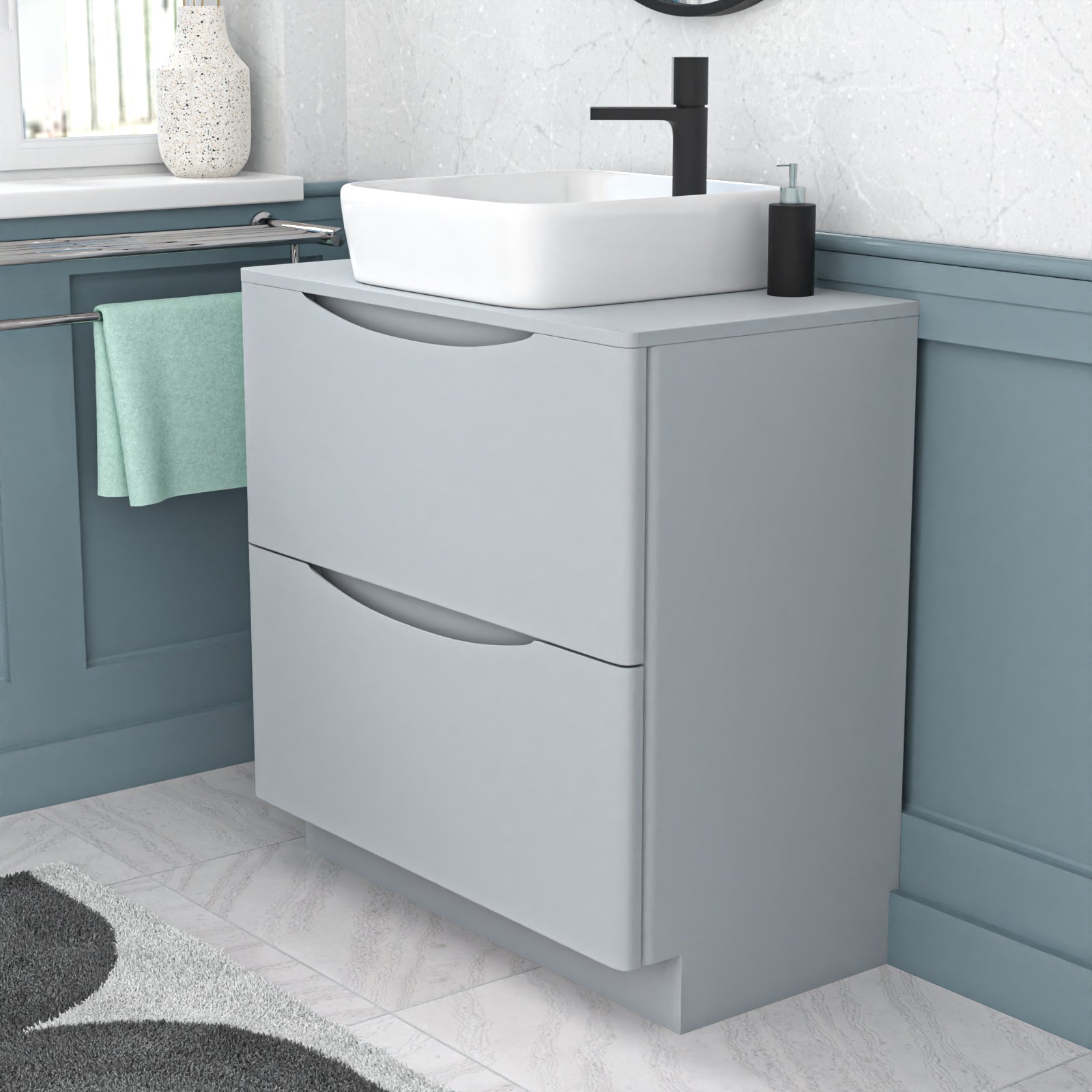 Merton 800mm Matte Grey Drawers Vanity, Worktop & Square Rounded Corner Basin