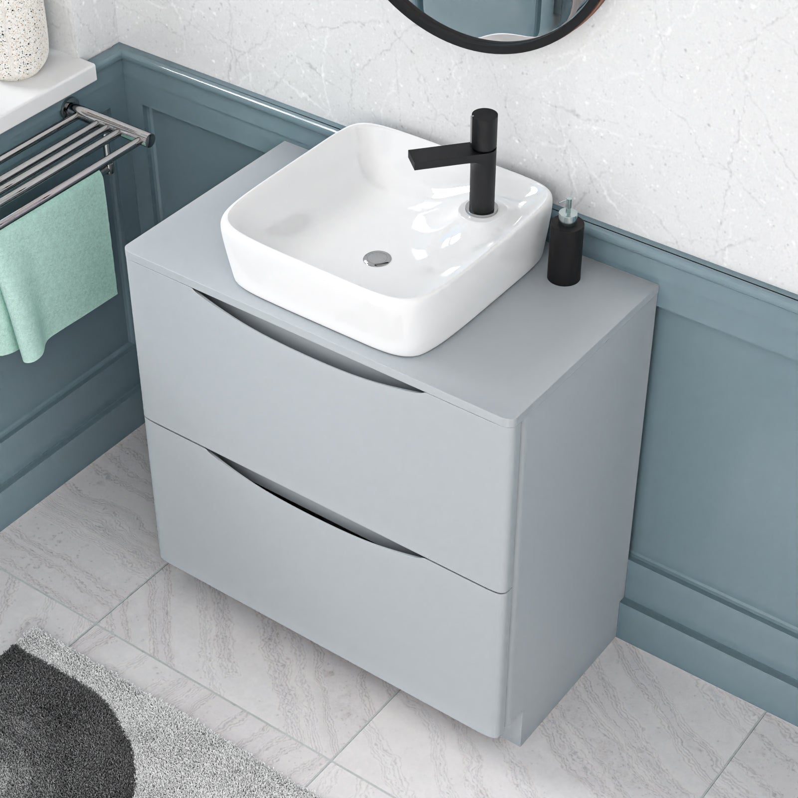 Merton 800mm Matte Grey Drawers Vanity, Worktop & Square Rounded Corner Basin