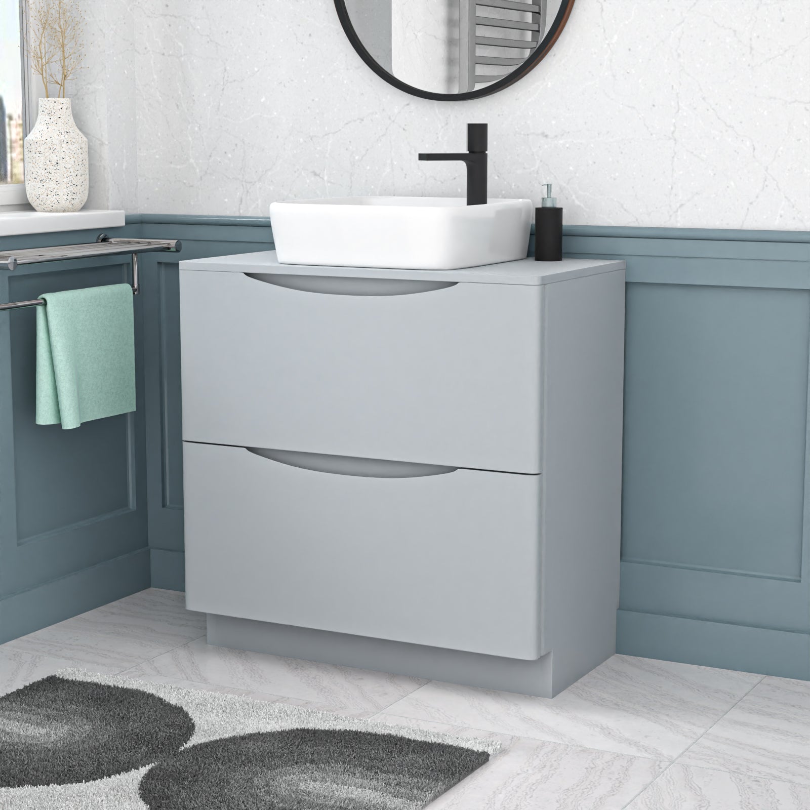 Merton 800mm Matte Grey Drawers Vanity, Worktop & Square Rounded Corner Basin