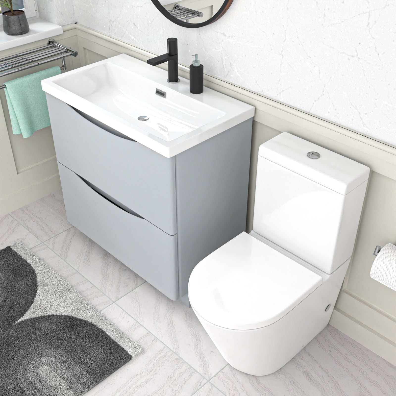 Merton Matte Grey 800mm Basin Vanity Unit and Rimless Close Coupled Toilet