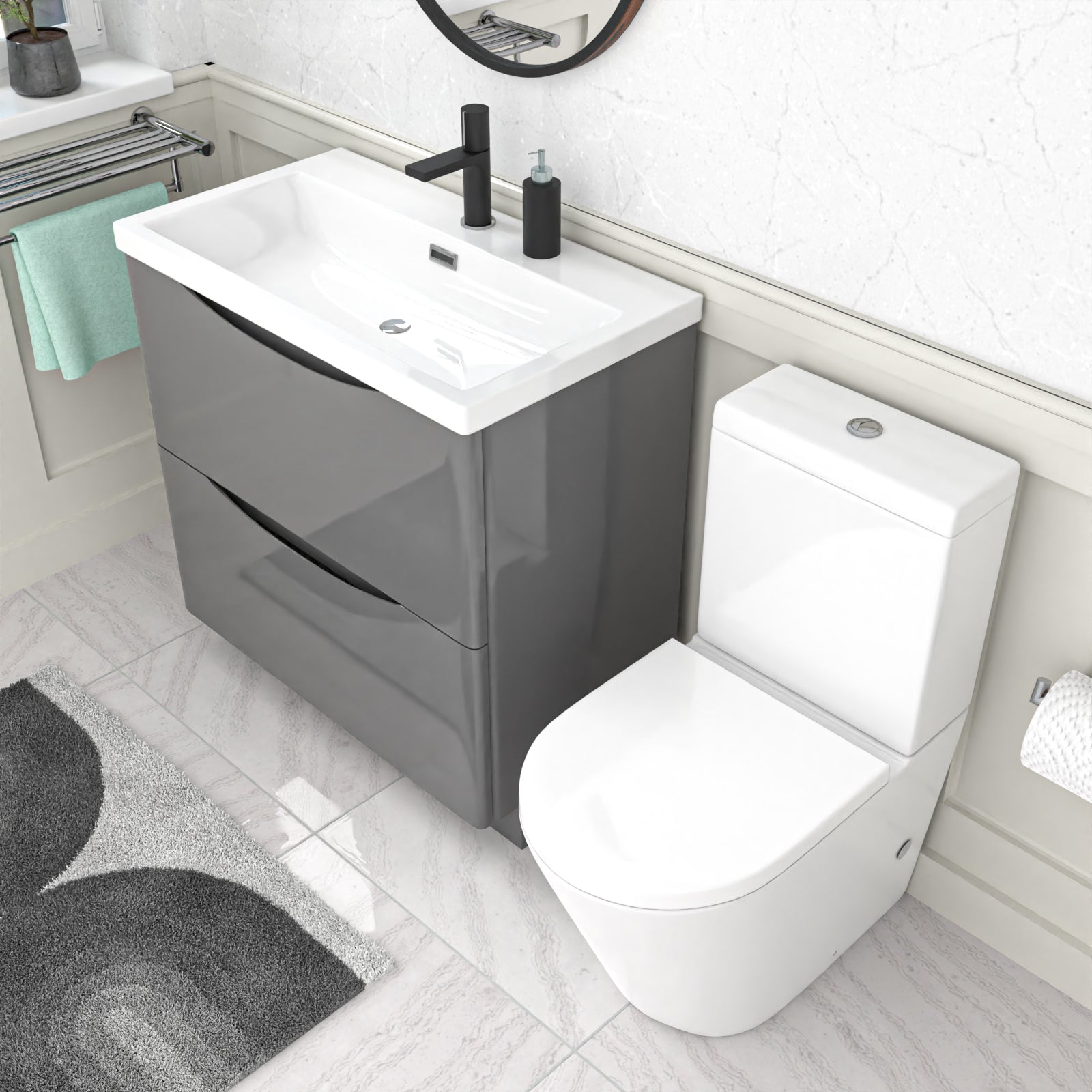 Merton Grey 800mm Basin Vanity Unit and Rimless Close Coupled Toilet
