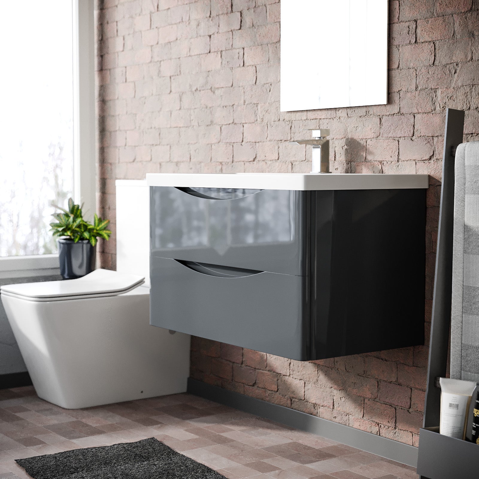 Merton Grey 800mm Wall Hung Drawer & Resin White Basin Sink Vanity Unit