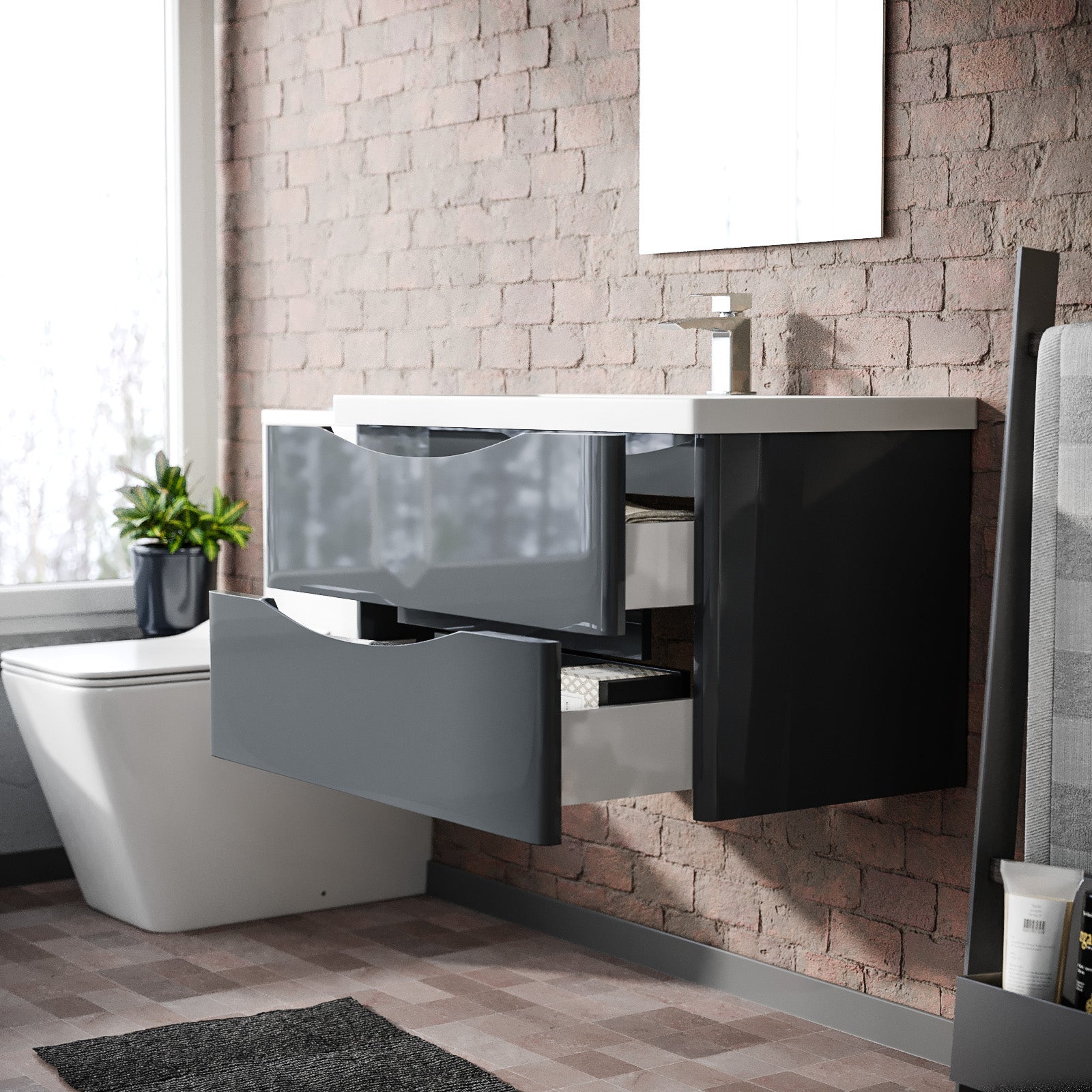 Merton Grey 800mm Wall Hung Drawer & Resin White Basin Sink Vanity Unit