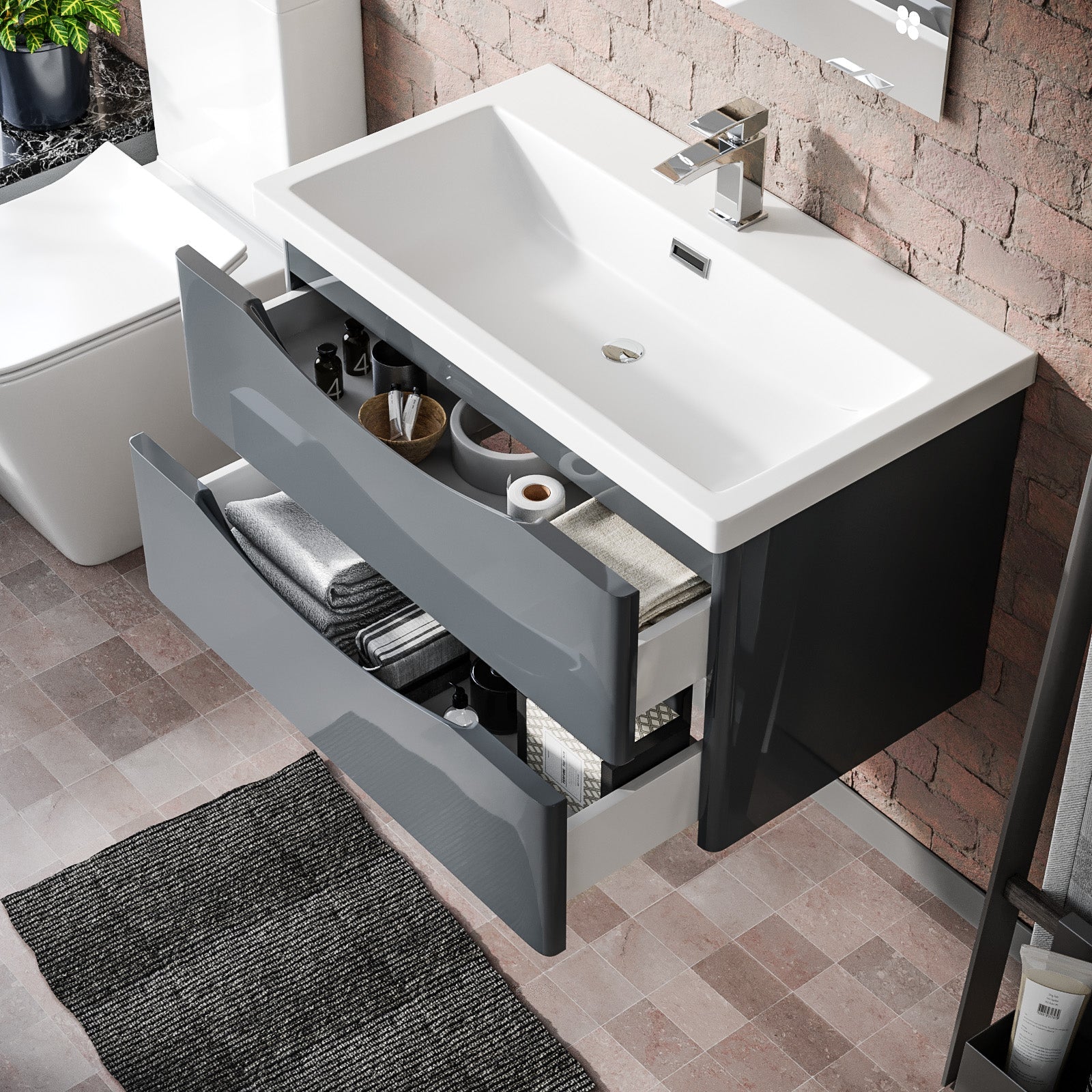 Merton Grey 800mm Wall Hung Drawer & Resin White Basin Sink Vanity Unit