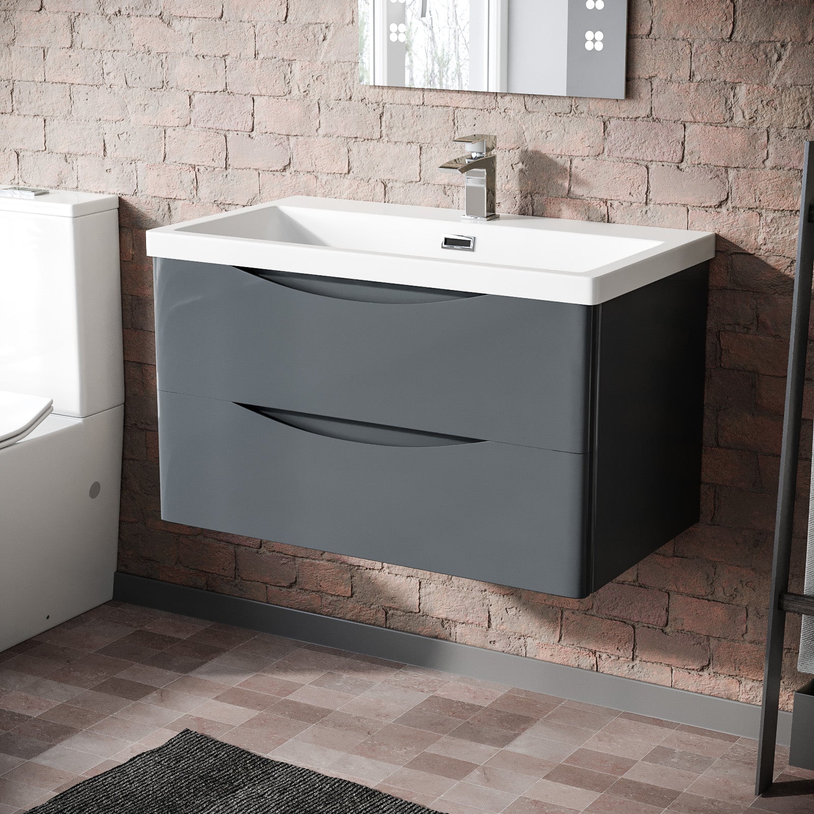 Merton Grey 800mm Wall Hung Drawer & Resin White Basin Sink Vanity Unit