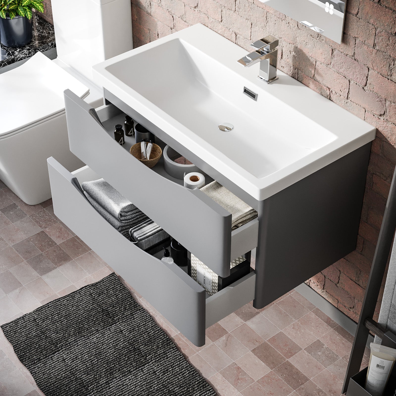 Merton Matte Grey 800mm Wall Hung Drawer & Resin White Basin Sink Vanity Unit