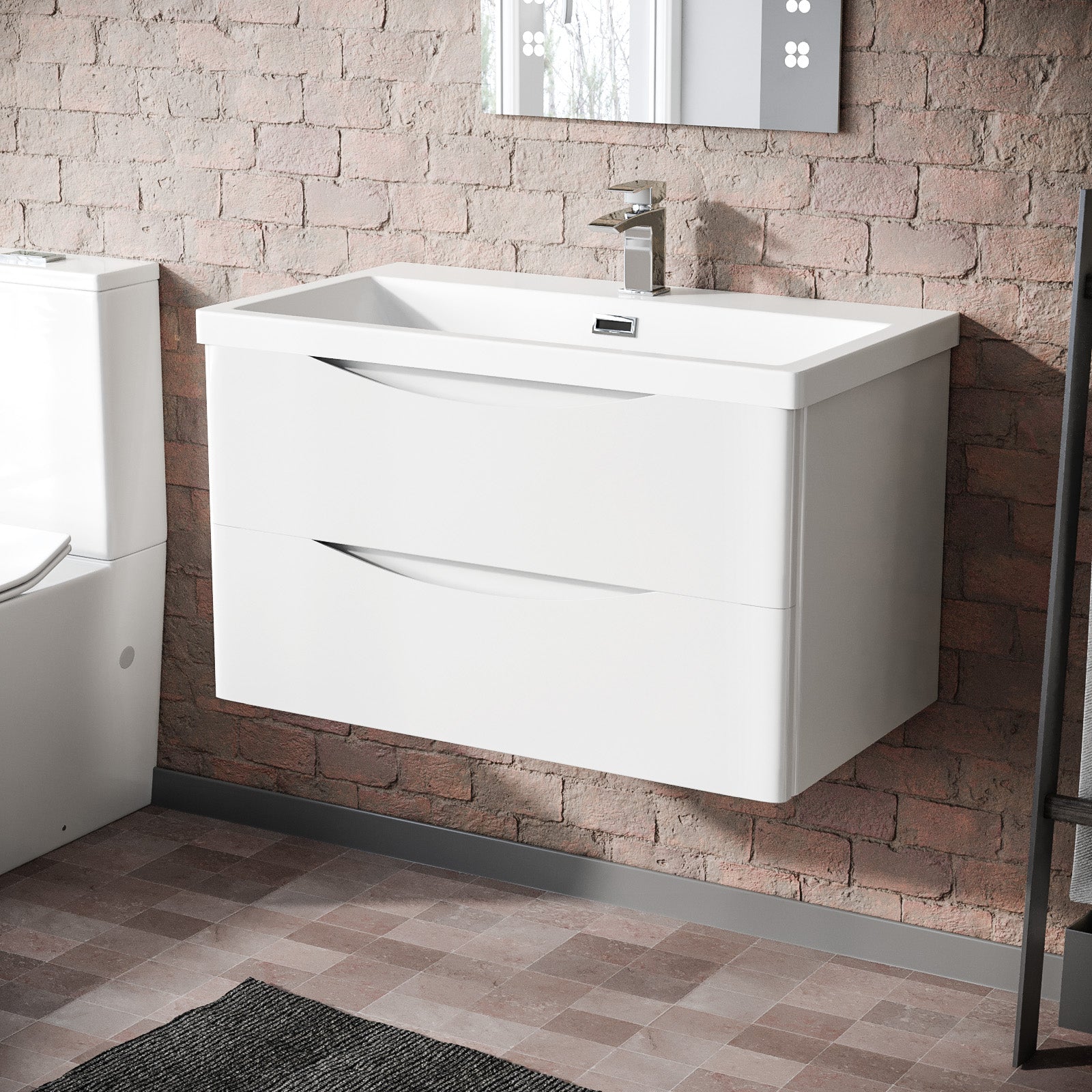 Merton 800mm White Wall Hung Basin Sink Vanity with Storage Drawers