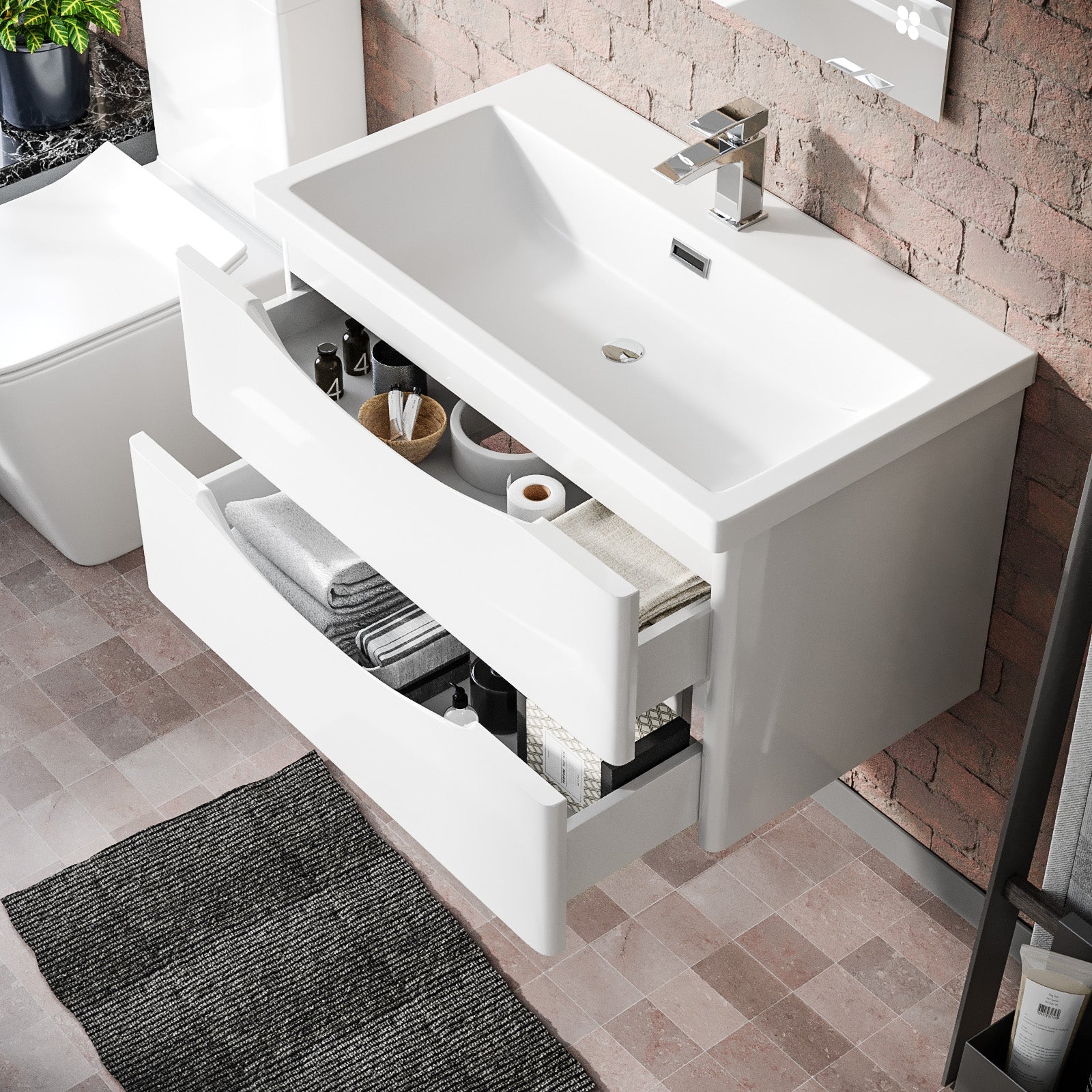 Merton 800mm White Wall Hung Basin Sink Vanity with Storage Drawers