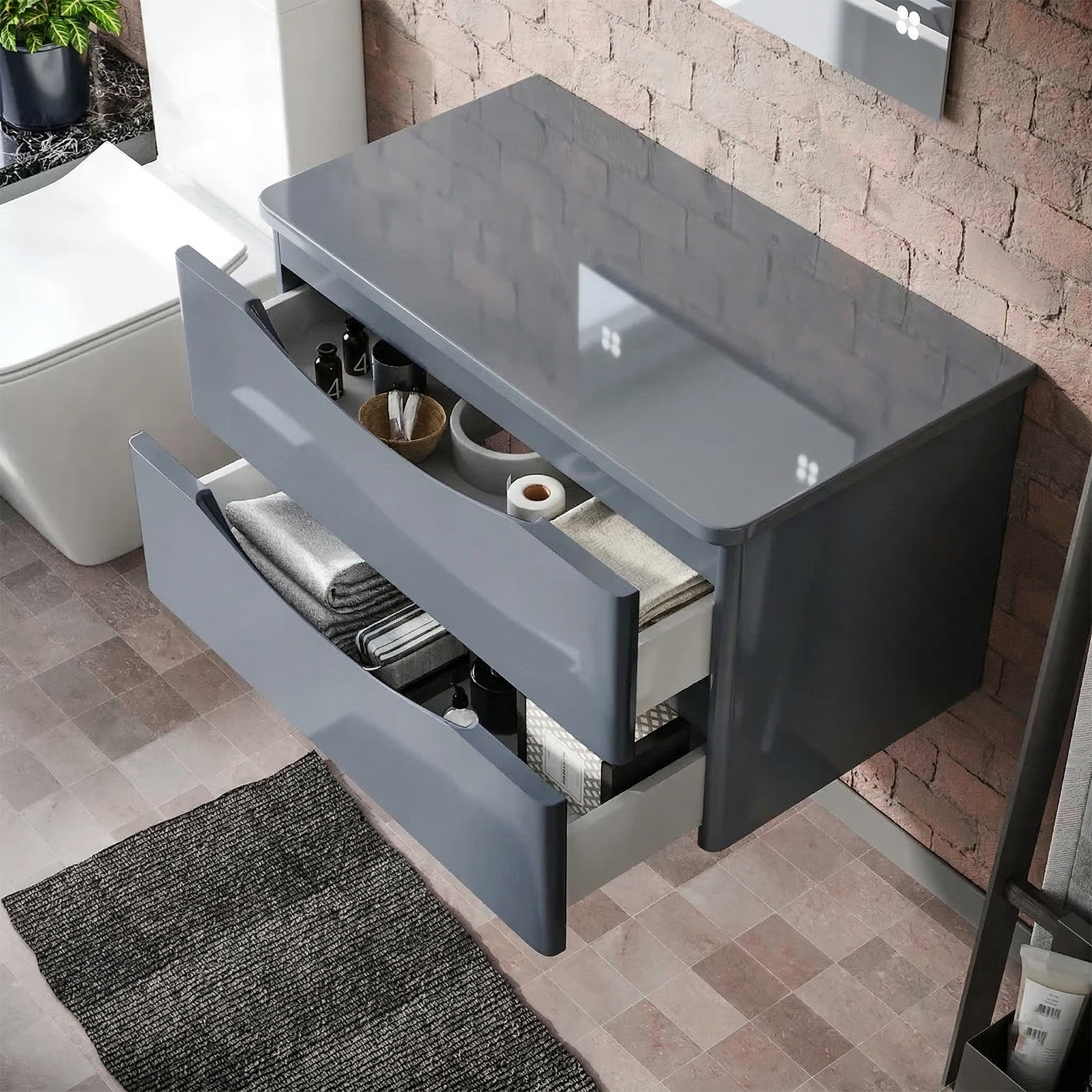 Merton 800mm Steel Grey Wall Hung 2 Drawers Worktop Vanity Unit