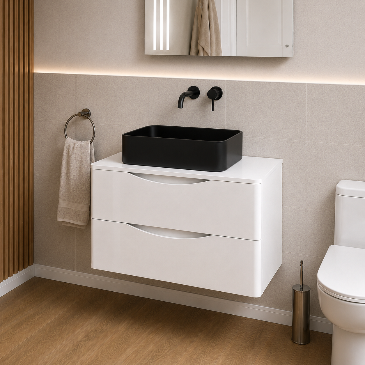 Merton 800mm White Wall Hung Vanity with Worktop and 490mm Rectangle Matte Black Countertop Basin Unit