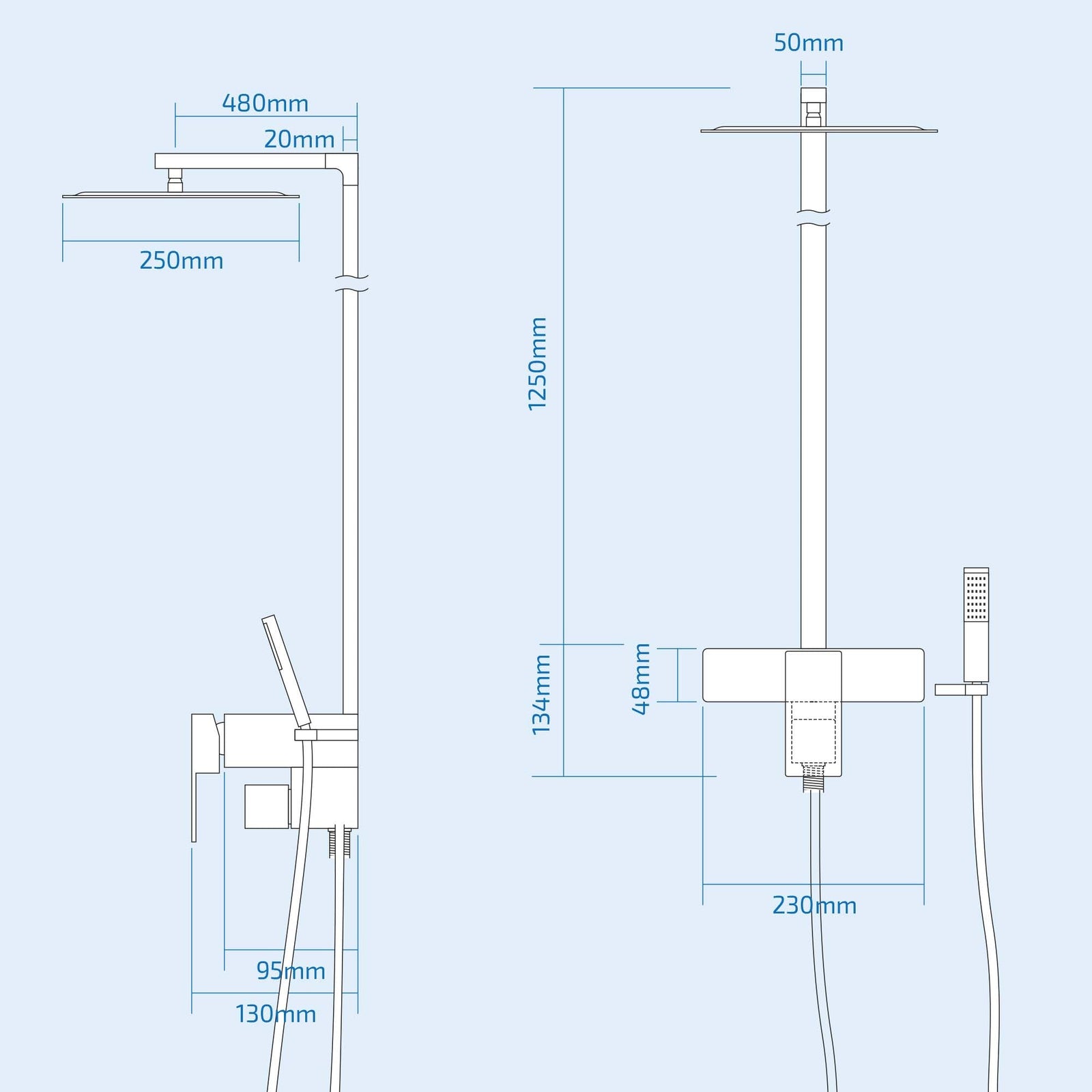 Enzo Ultra Thin Modern Bathroom Chrome Brass Square Head Cool Touch Shower Set