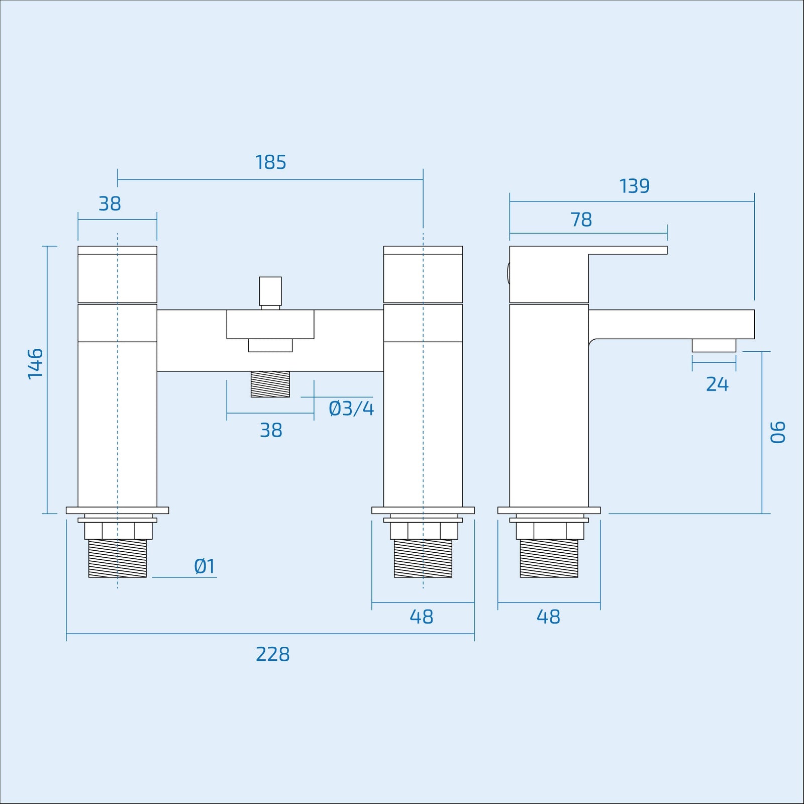 Brayton Square Chrome Bridge Deck Mounted Bath Shower Mixer With Shower Handset