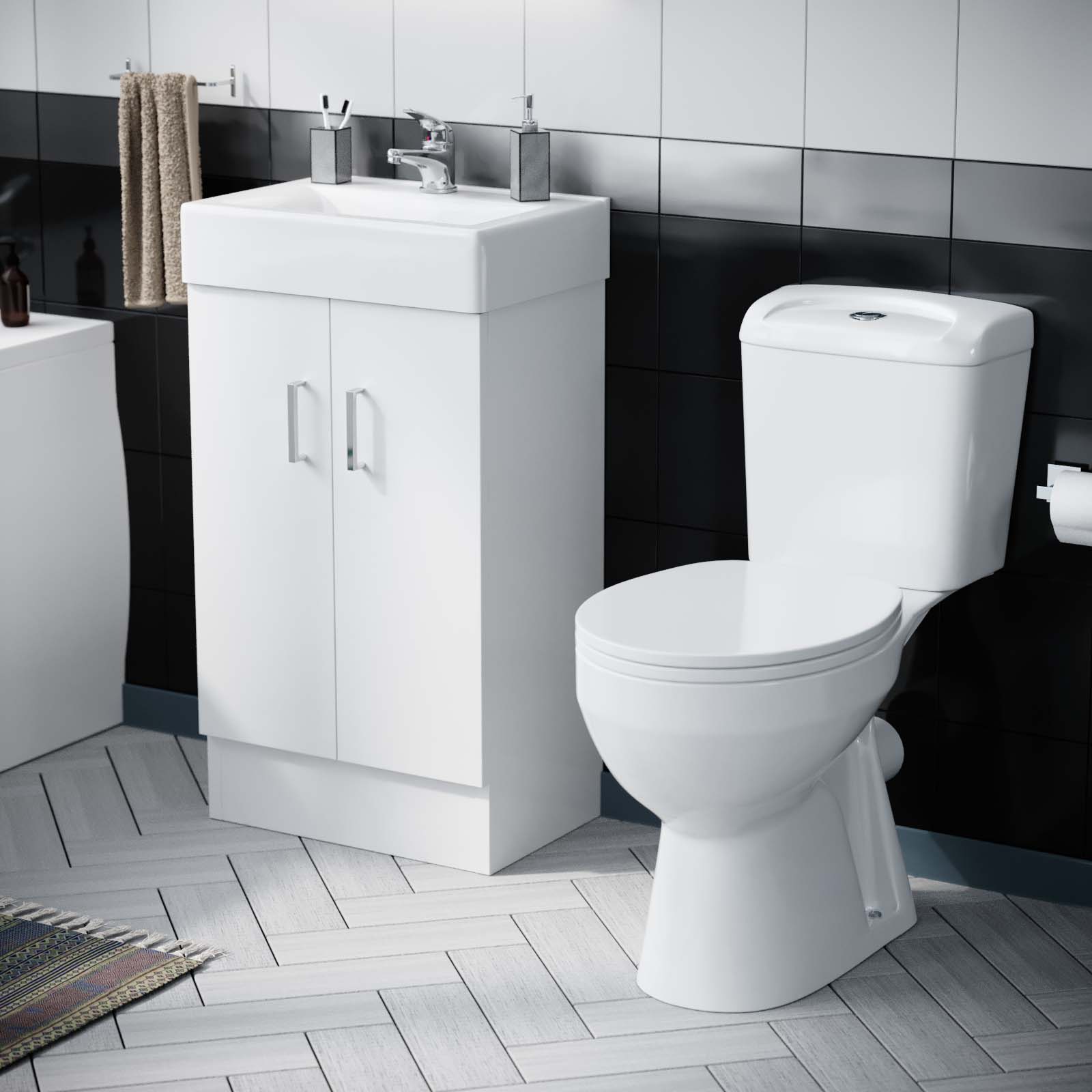 Nanuya 450mm Freestanding Basin Vanity Unit, Close Coupled Toilet & Round Bath
