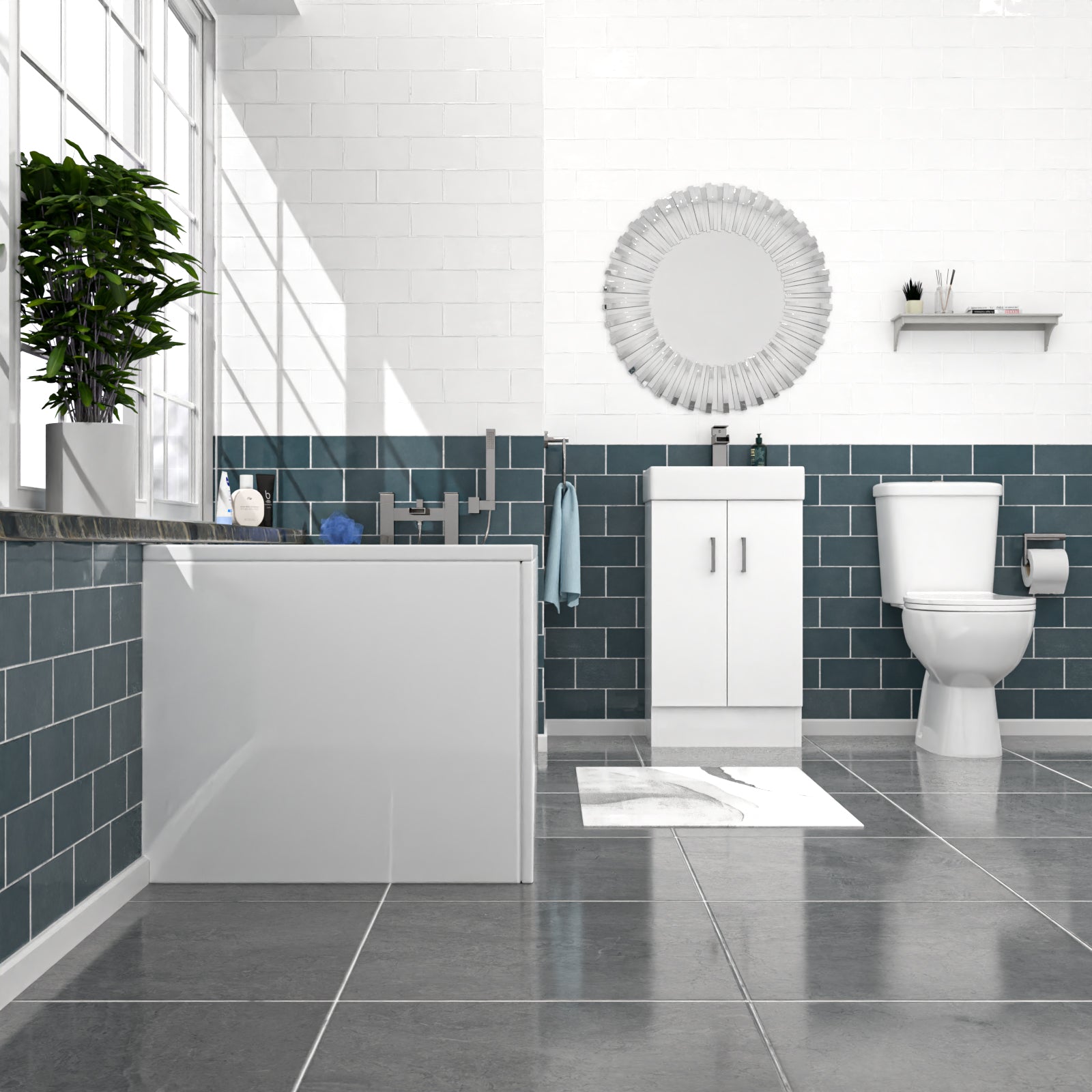 Nanuya 450mm Floorstanding Basin Vanity, Close Coupled Toilet & Round Bath