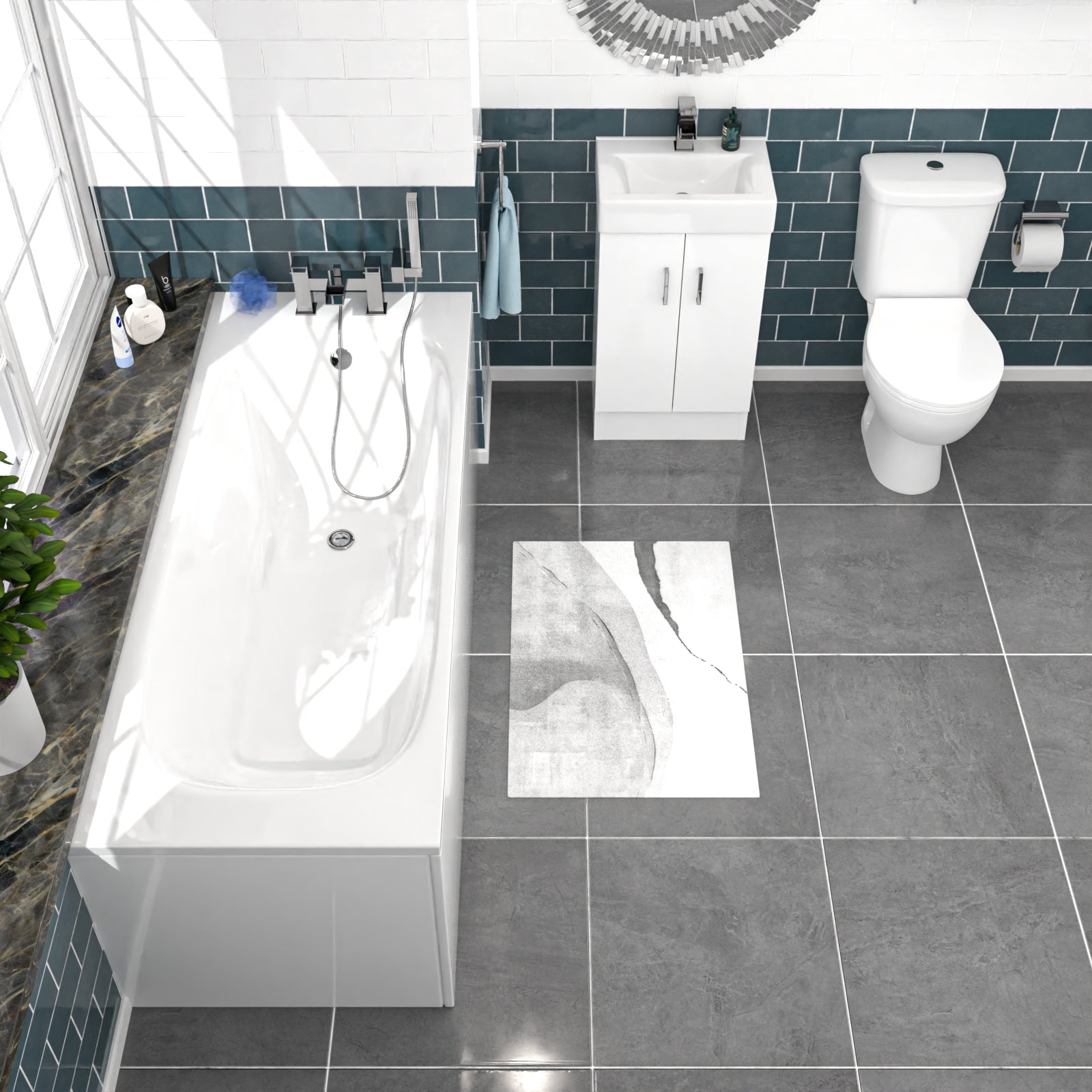 Nanuya 450mm Floorstanding Basin Vanity, Close Coupled Toilet & Round Bath