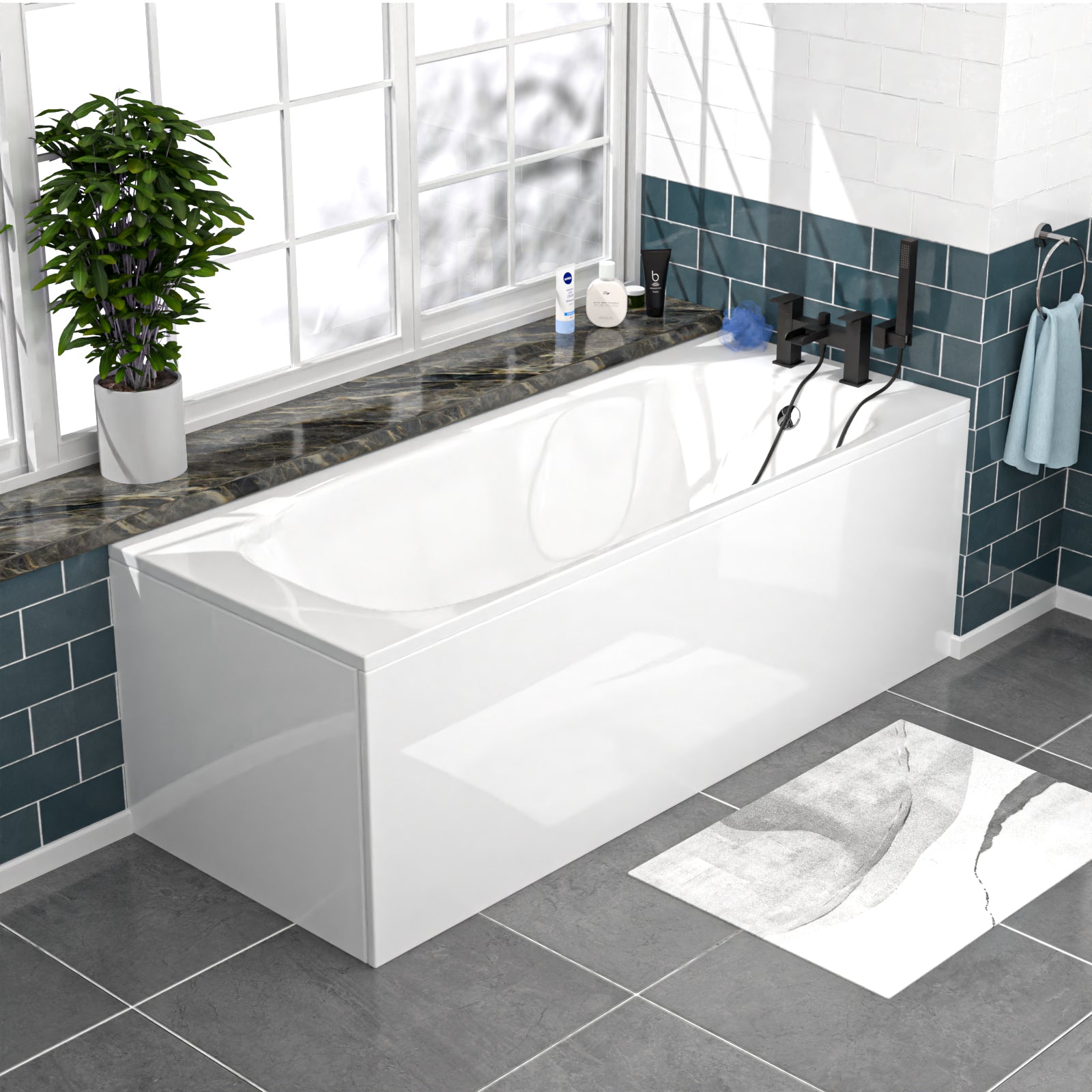 Bathroom with a white bathtub, tiled walls, and a plant.