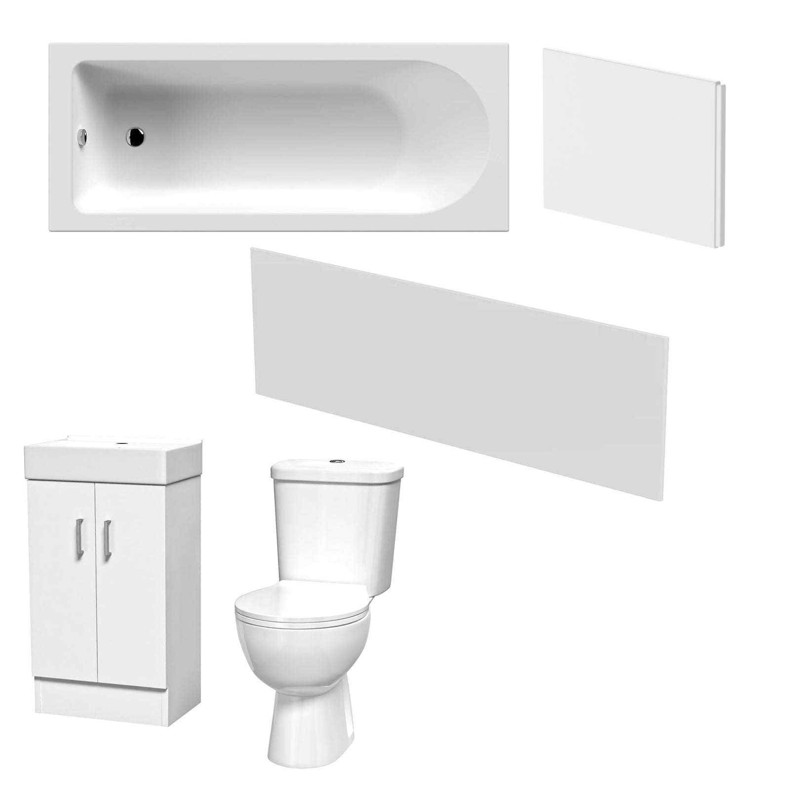 Bathroom furniture set with bathtub, cabinet, and toilet on a white background