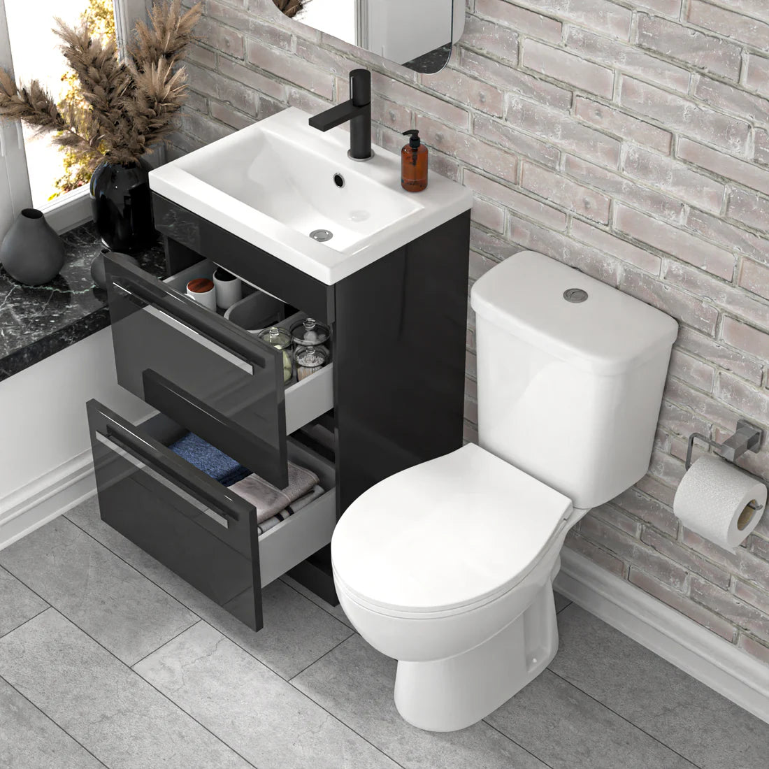 Nanuya 500mm Dark Grey 2 Drawers Vanity White Close Coupled Toilet