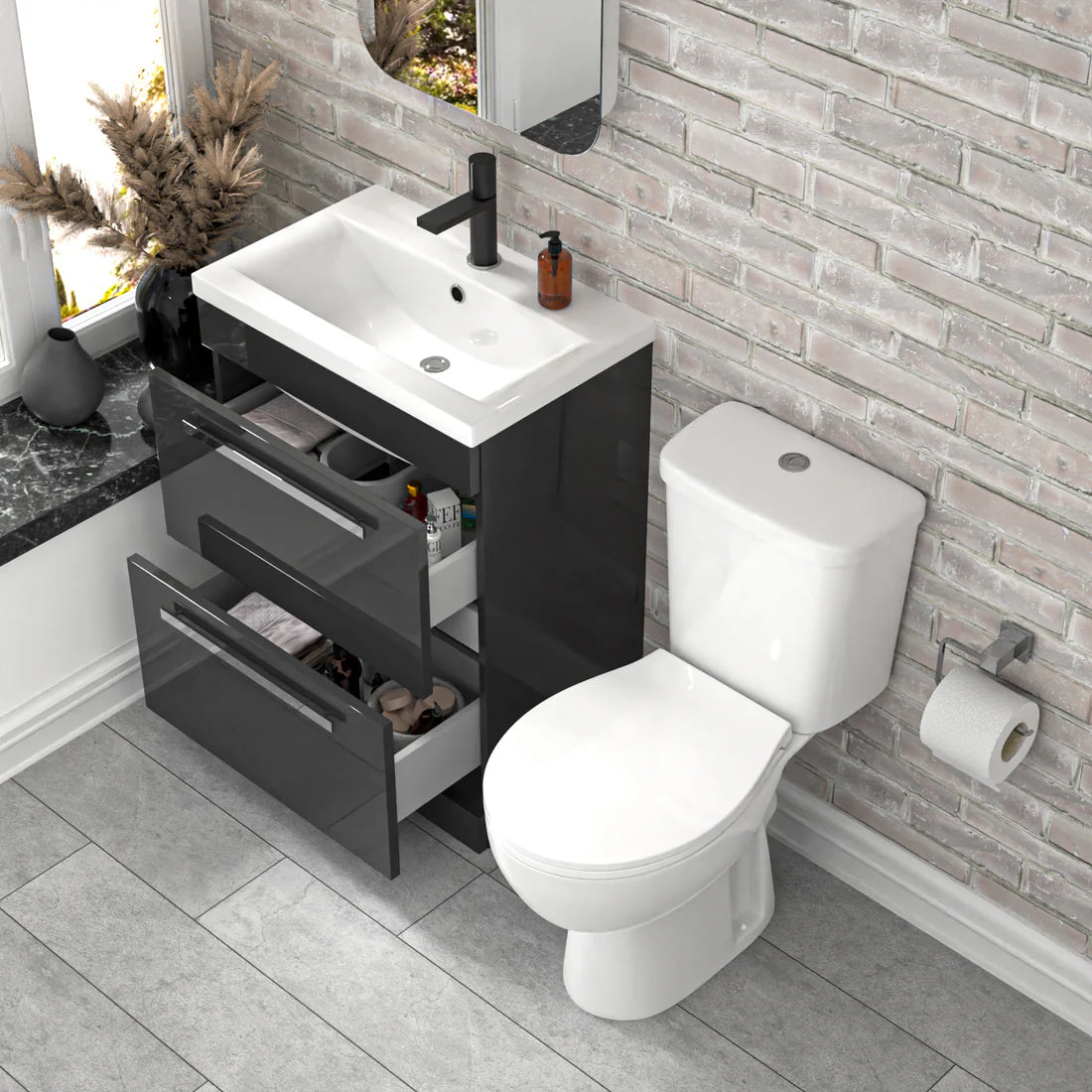 Nanuya 600mm Dark Grey 2 Drawers Basin Vanity Close Coupled Toilet