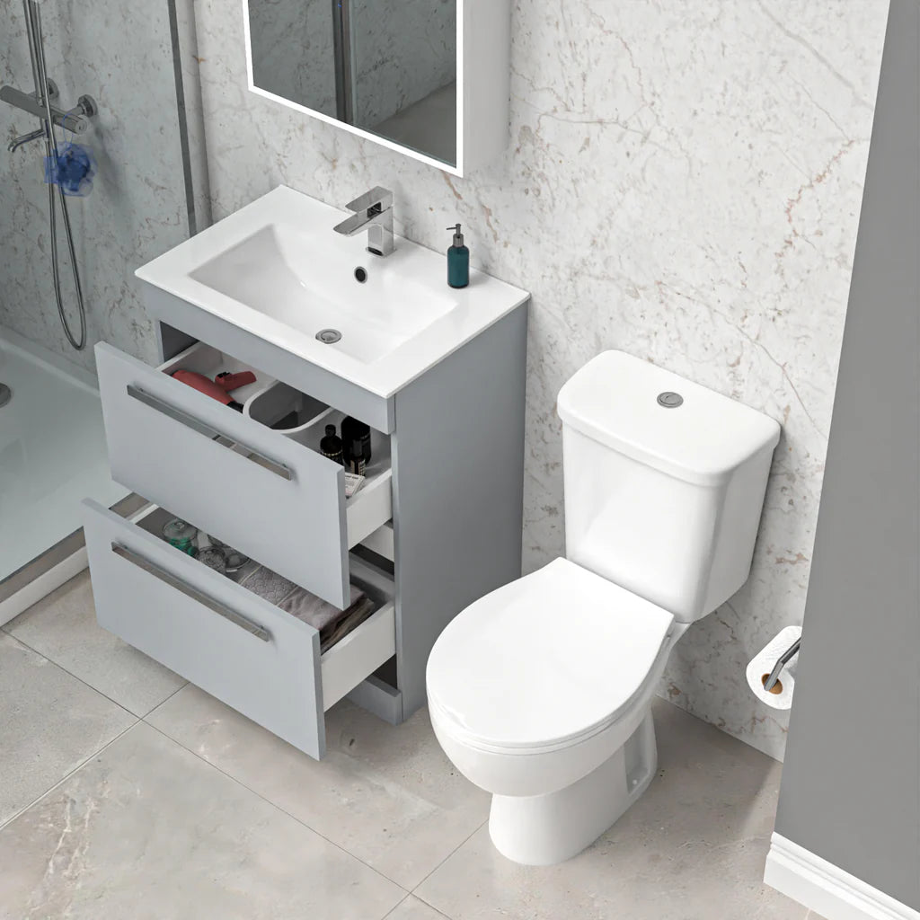 Nanuya 600mm Matte Grey Slim Basin 2 Drawers Vanity Cabinet & WC Toilet Pan