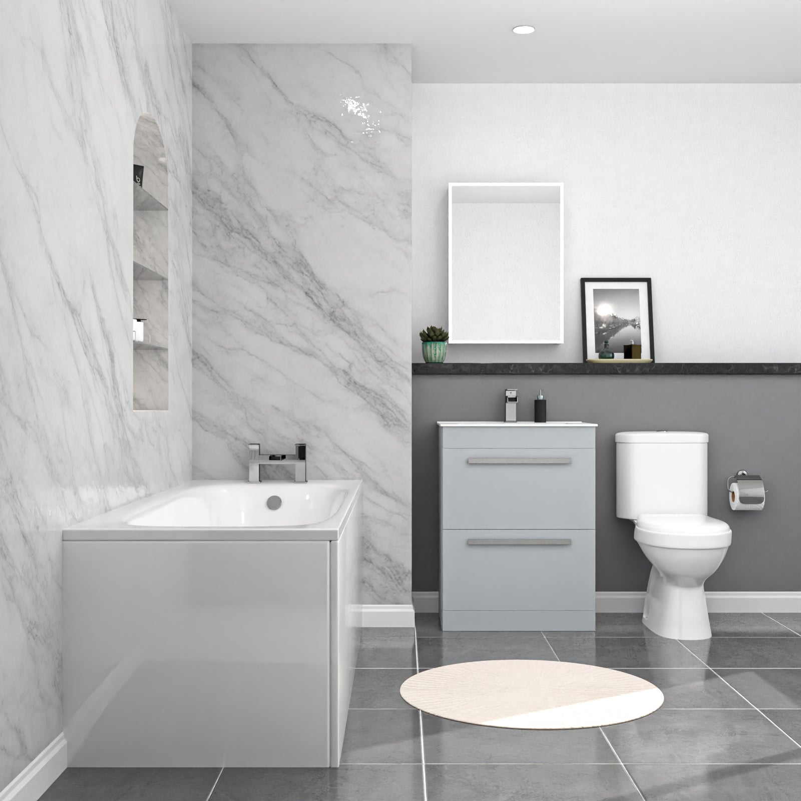 Nanuya 1700mm Bath, Toilet & Matte Grey 2 Drawer Vanity Slim Basin Cabinet