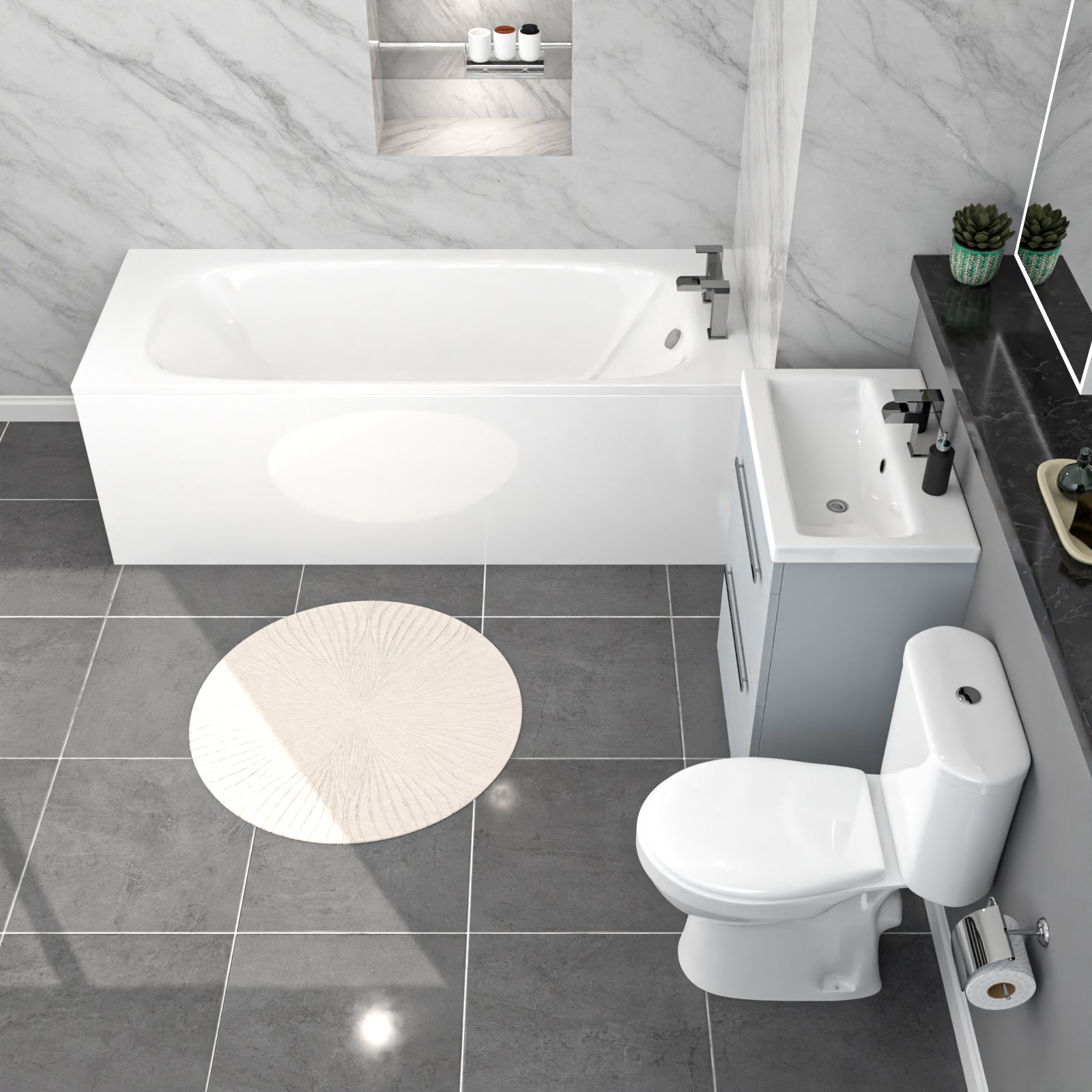 1700mm Bath, Close Coupled Toilet & Matte Grey Drawers Basin Vanity