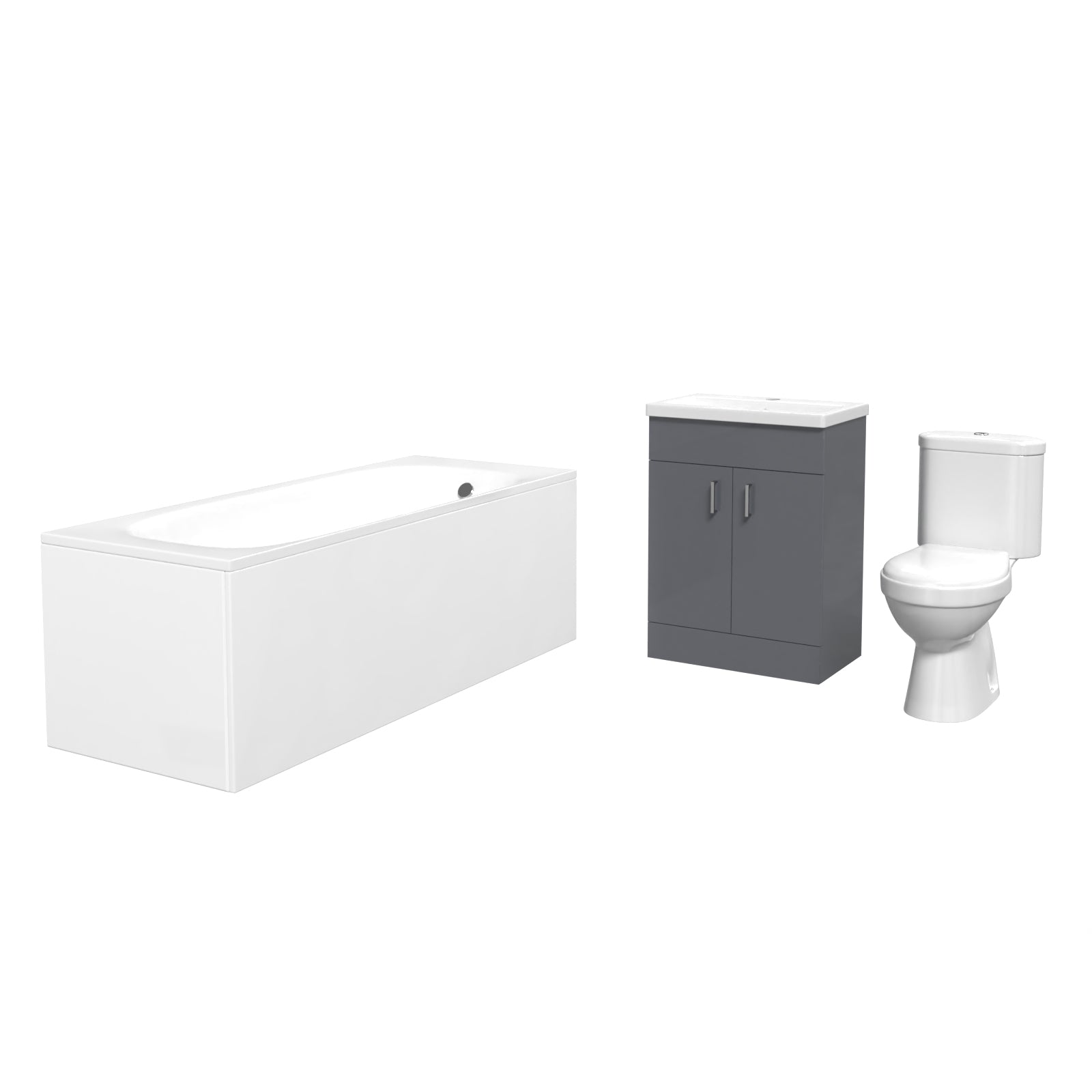 Nanuya 1700mm Bath, 600 mm Grey Vanity Basin Cabinet Flat Pack & Close Coupled Toilet