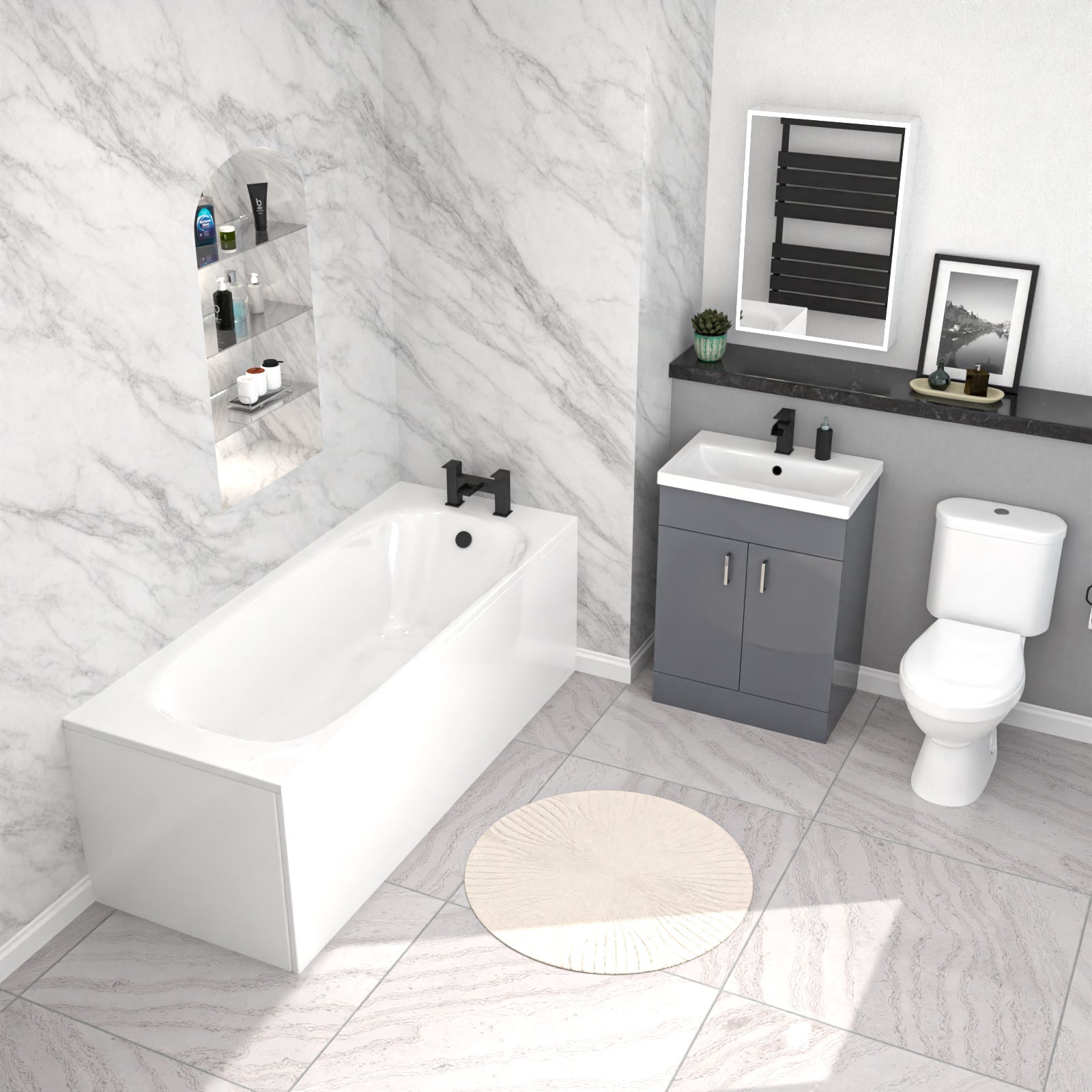 Nanuya 1700mm Light Grey Bath, 600 mm Vanity Basin Cabinet & Close Coupled Toilet