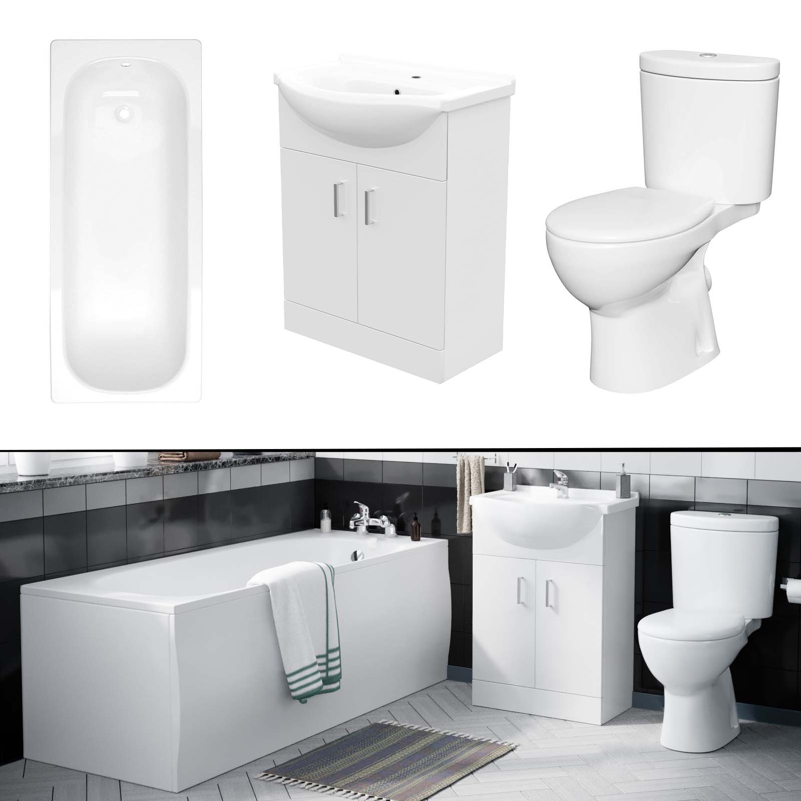 Ellen Bath Suite 1700mm Bathtub, 550mm White Basin Vanity & Close Coupled Toilet