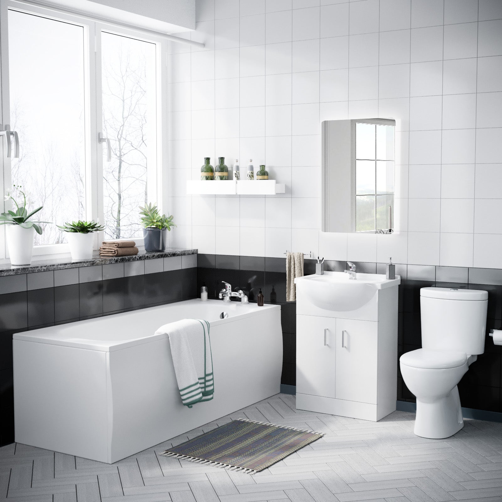 Ellen Bath Suite 1700mm Bathtub, 550mm White Basin Vanity & Close Coupled Toilet