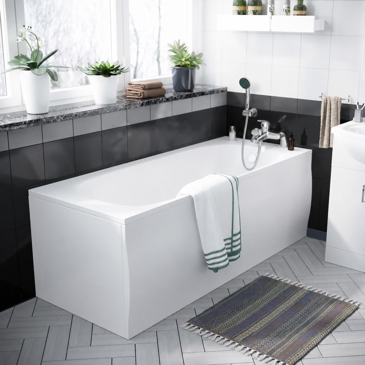 1700mm Round Bathtub, 550mm Basin Vanity Unit & Close Coupled Toilet - Set with Chrome Fittings