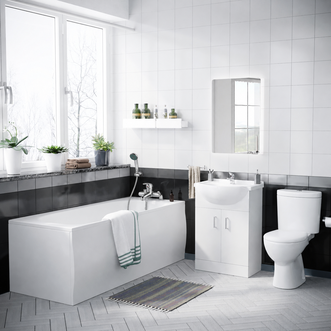1700mm Round Bathtub, 550mm Basin Vanity Unit & Close Coupled Toilet - Set with Chrome Fittings