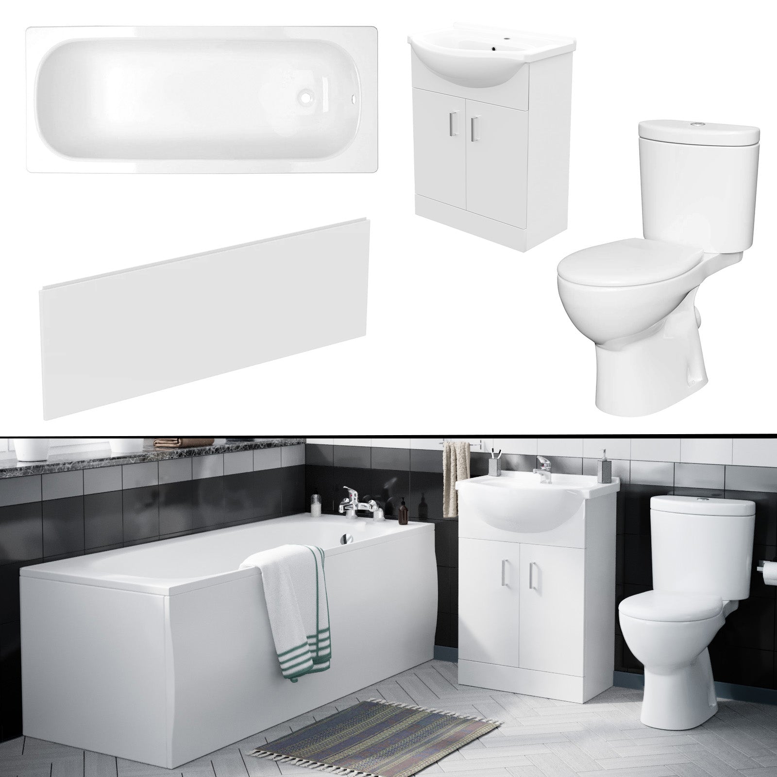 Ellen Bath Suite 1700mm Bathtub, 550mm White Basin Vanity & Close Coupled Toilet