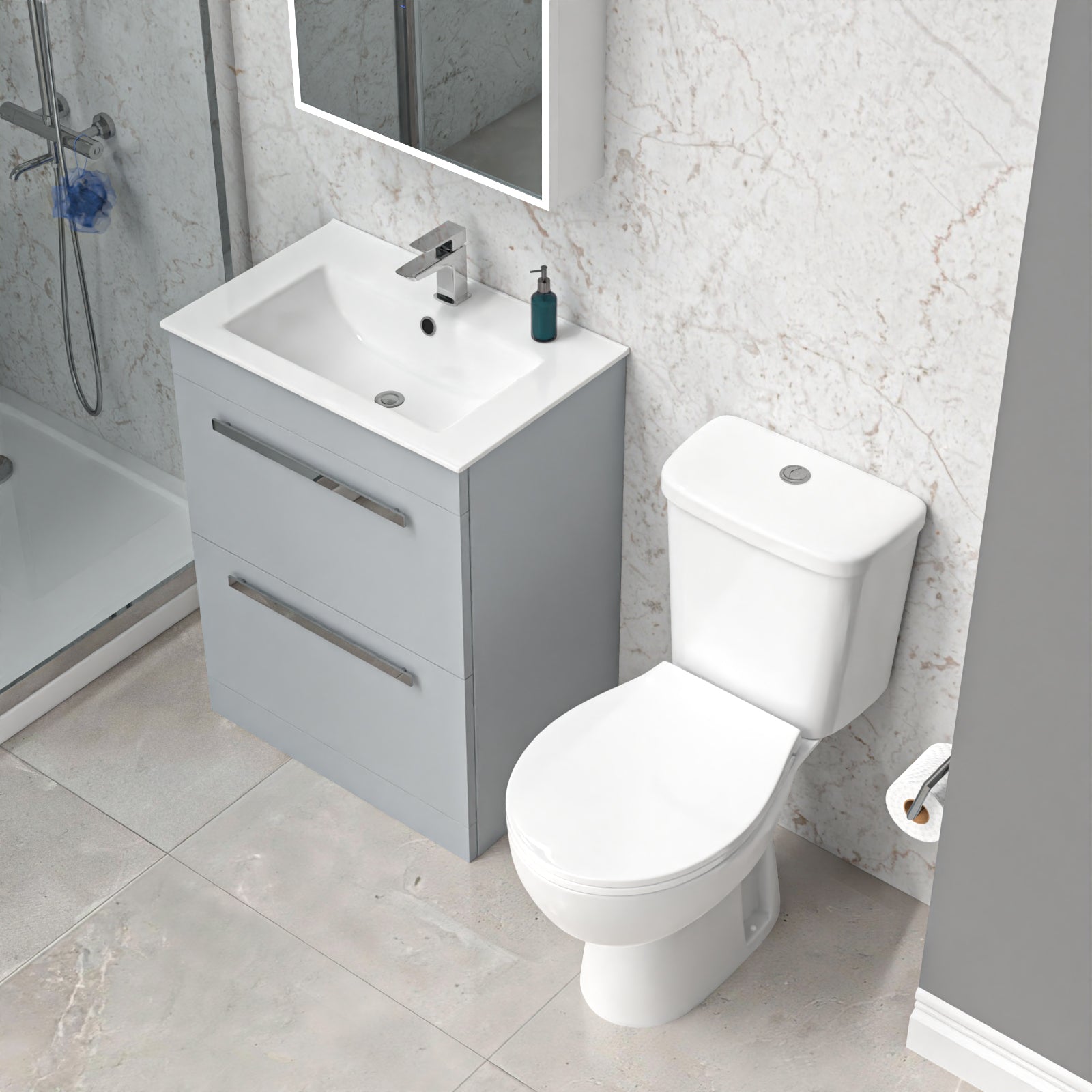 Nanuya 600mm Matte Grey Slim Basin 2 Drawers Vanity Cabinet & WC Toilet Pan