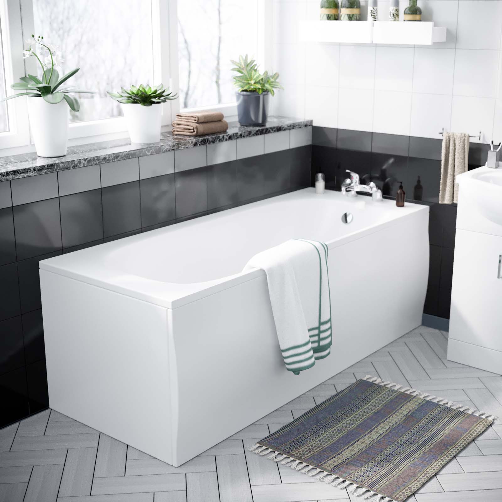 Ellen 1700mm Bath + Panels, Close Coupled Ceramic Toilet & Vanity Basin Cabinet