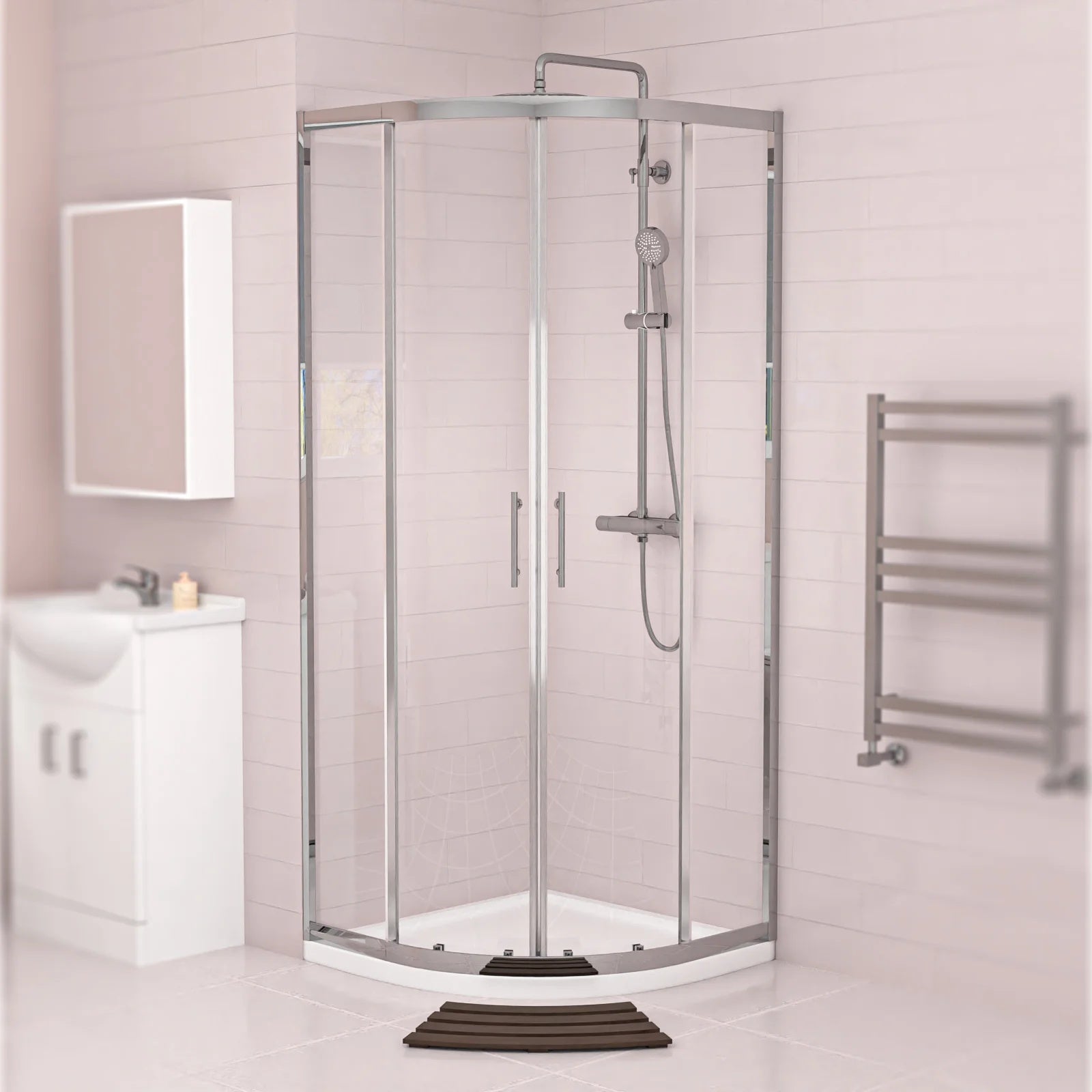 Ellen White Vanity Toilet & Chrome 900mm Quadrant Enclosure Tray with Exposed Shower