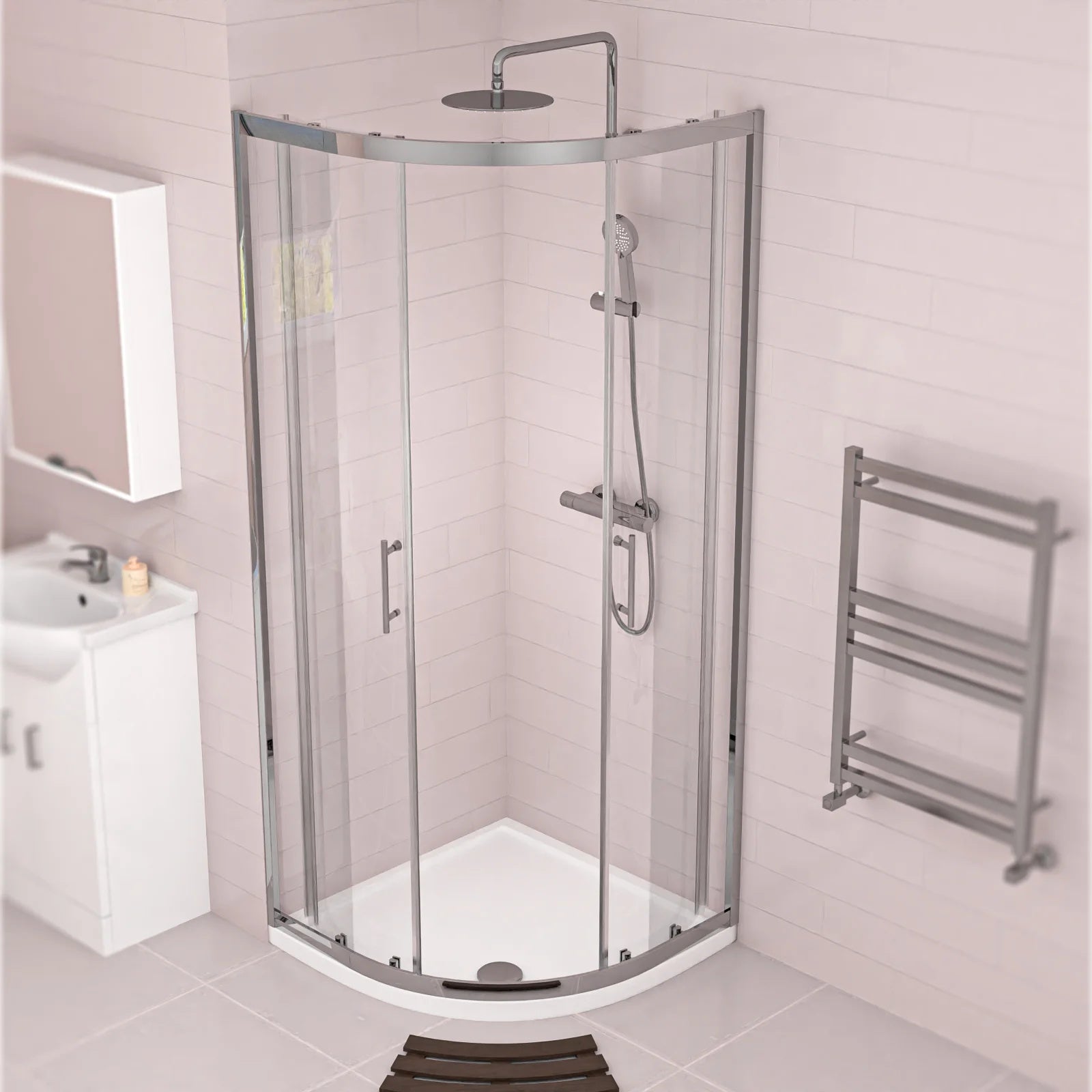 Ellen White Vanity Toilet & Chrome 900mm Quadrant Enclosure Tray with Exposed Shower