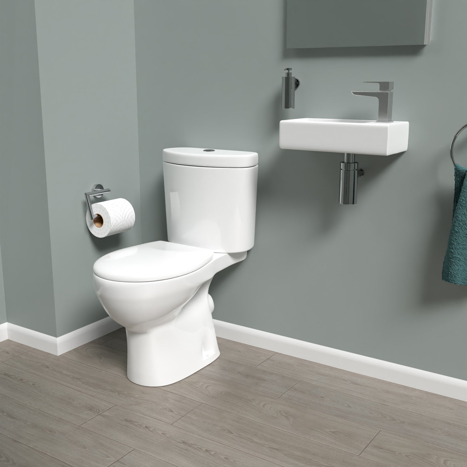 White Round Close Coupled Toilet with Cloakroom RH 360mm Wall Hung Basin